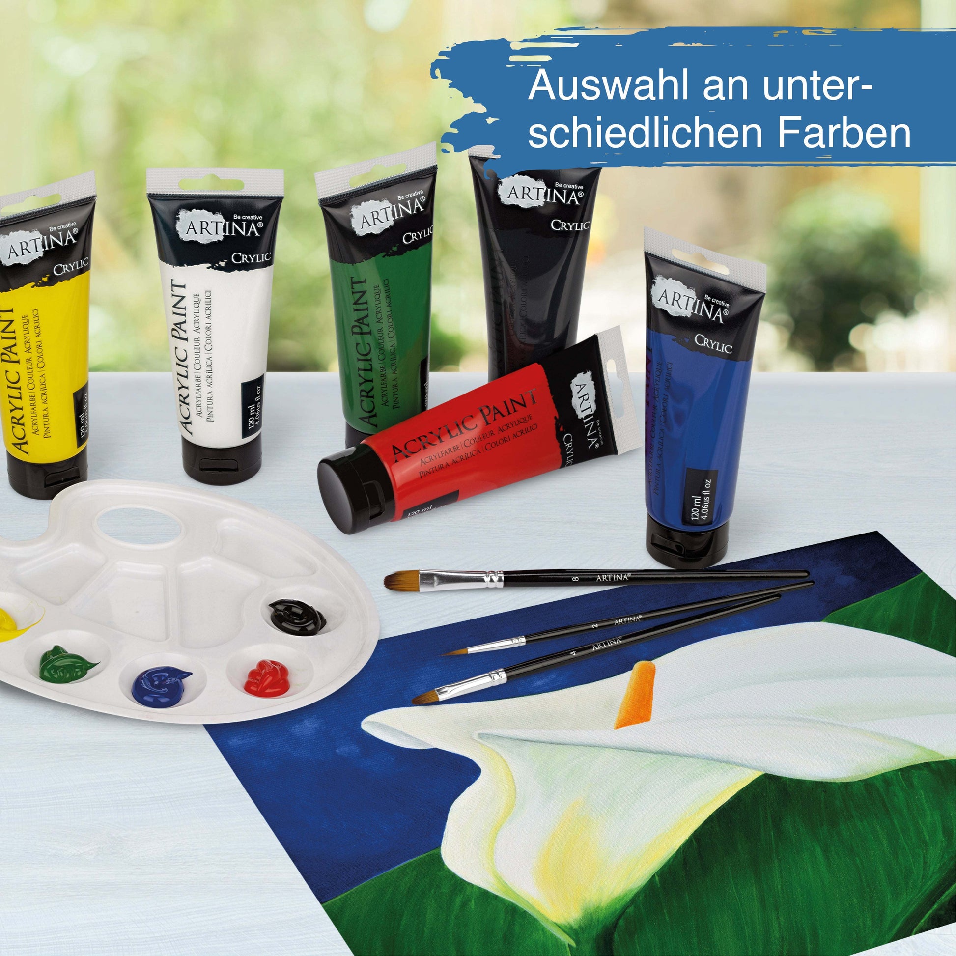 Artina Crylic Acrylfarbe Starter-Set 6 Tuben in 6 Farben mit Pinsel und Malpalette, schnell trocknend, pigmentstark und wasserfest