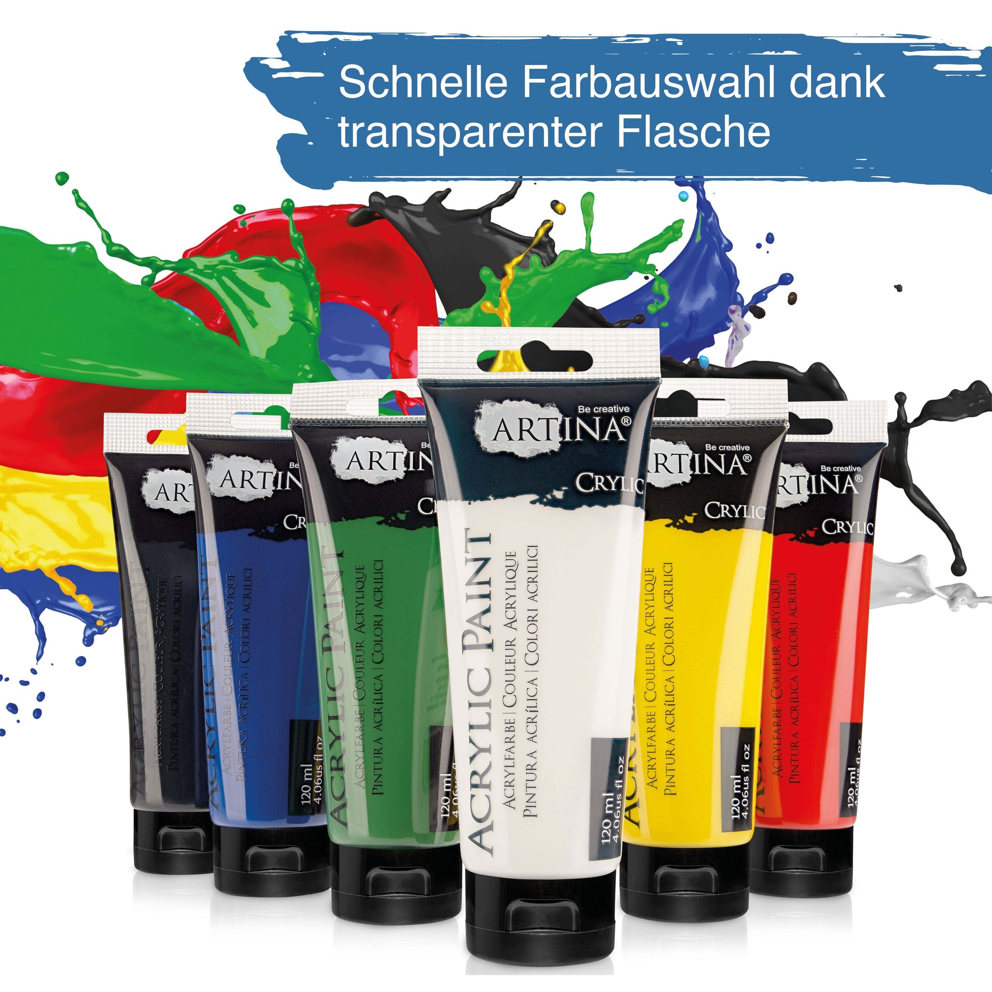 Artina Crylic Acrylfarbe Starter-Set 6 Tuben 120ml schnell trocknend hohe Deckkraft wasserfest