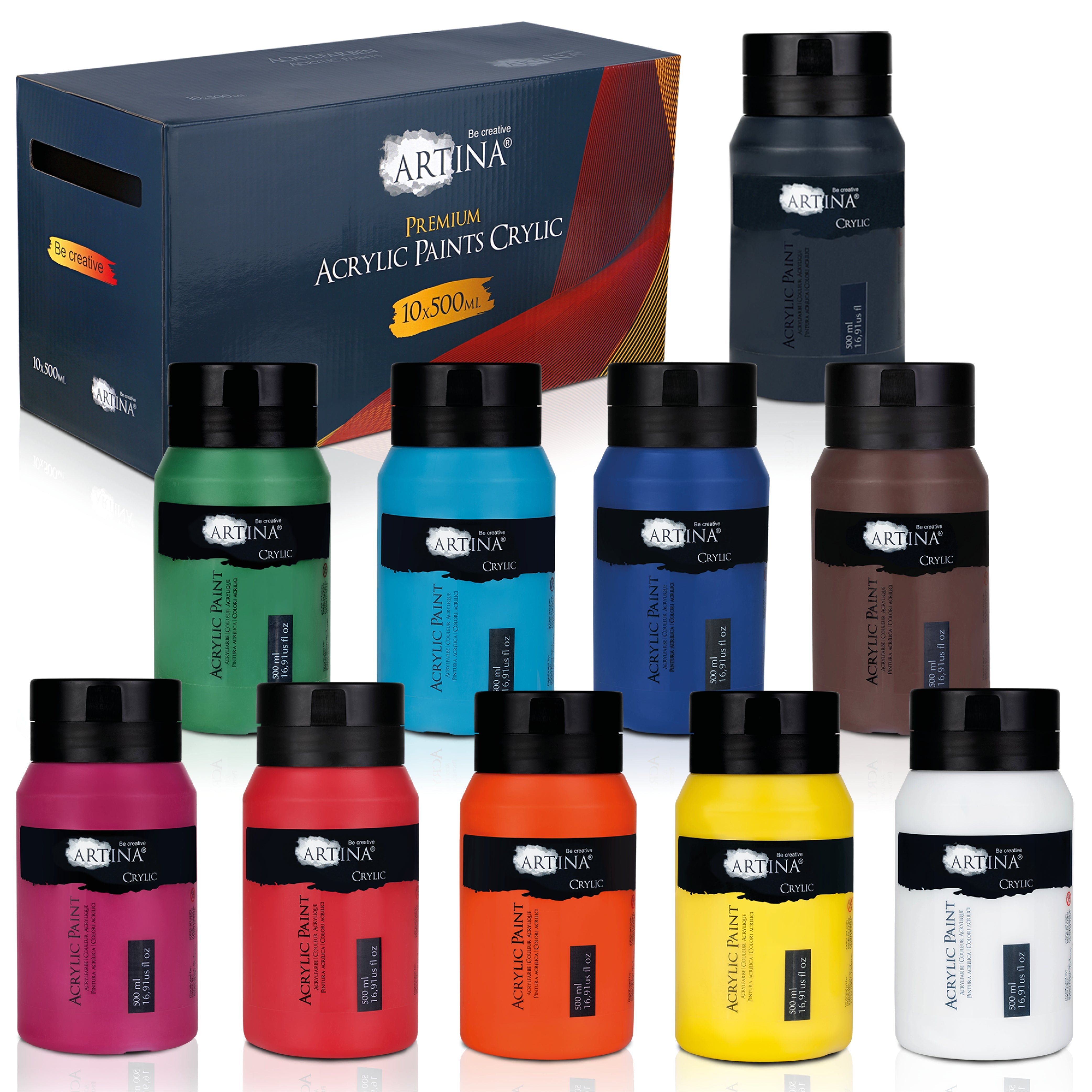 Set of 10 Artina Crylic Acrylfarbe paint tubes 500ml each in various vibrant colors with high pigment and lightfastness