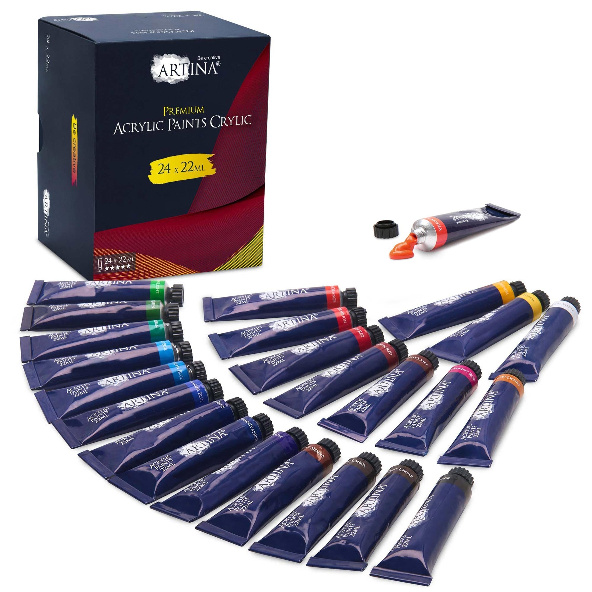 Artina Acrylfarben Set 24 Tuben 22ml hochwertige schnell trocknende Künstlerfarben mit hoher Farbkraft und guter Lichtechtheit