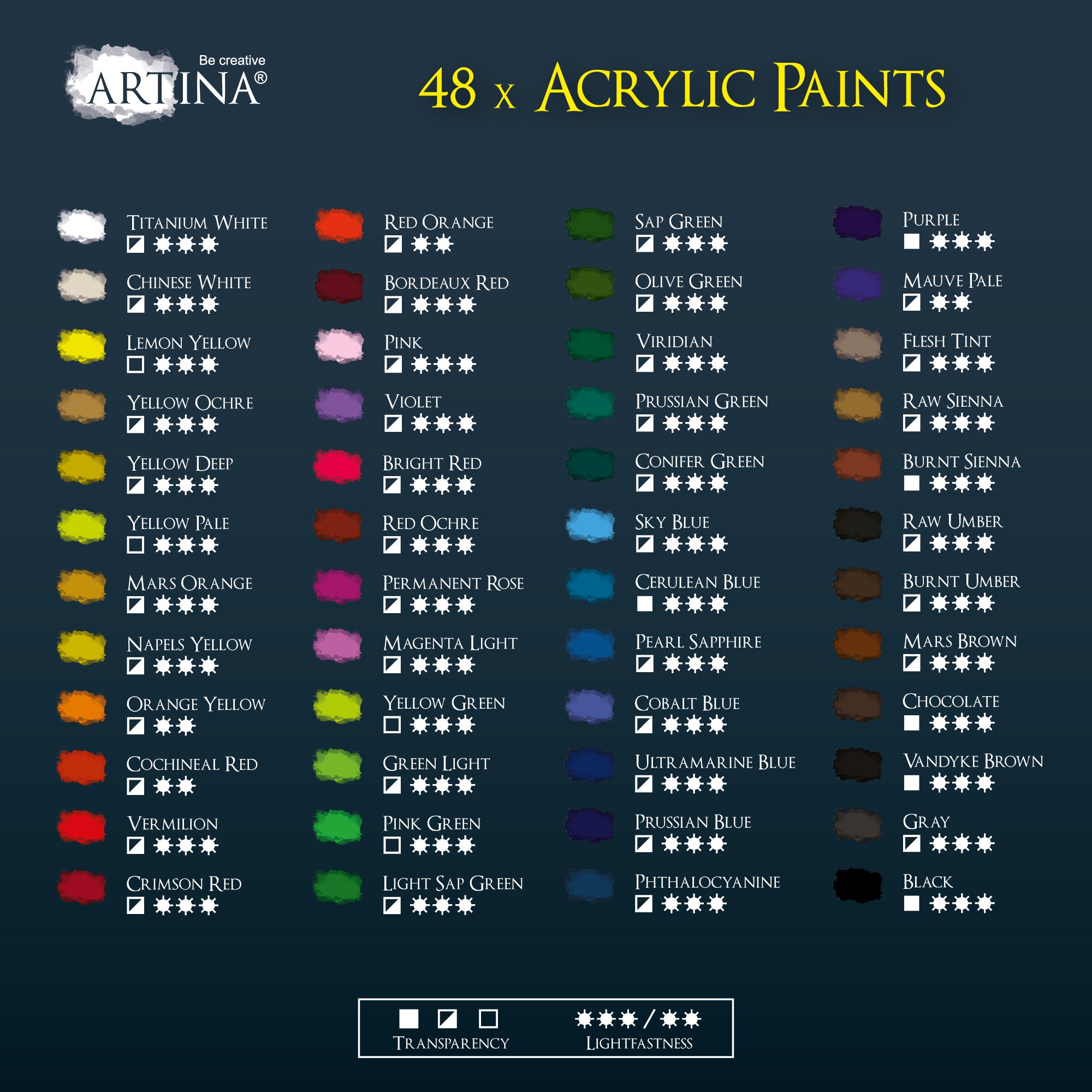 Artina Crylic Acrylfarben Set 48x22ml Tuben Acryl Künstler-Malfarbe