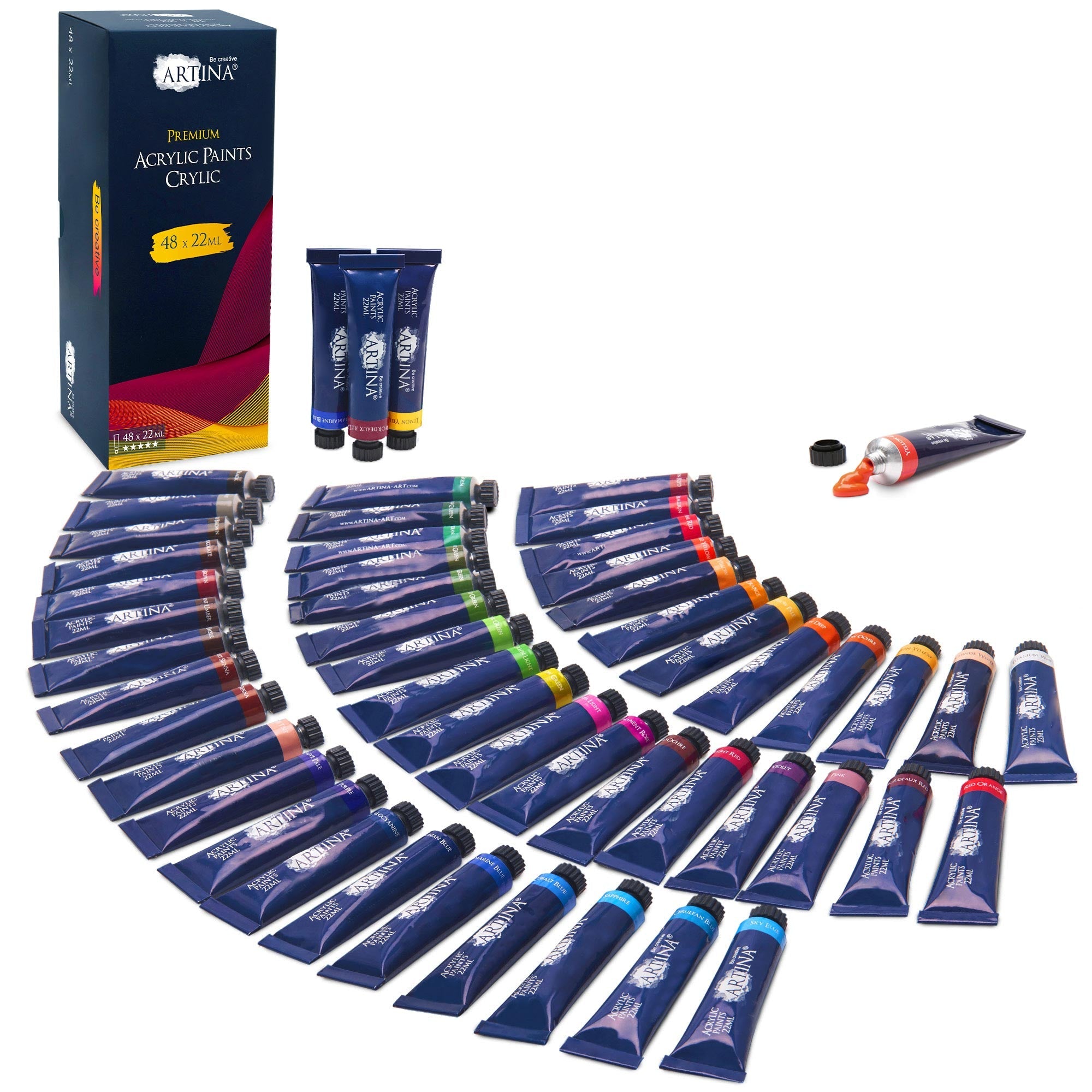 Artina Crylic Acrylfarben Set mit 48 Tuben à 22 ml schnell trocknende, hochpigmentierte Acrylfarben für Künstler und Einsteiger