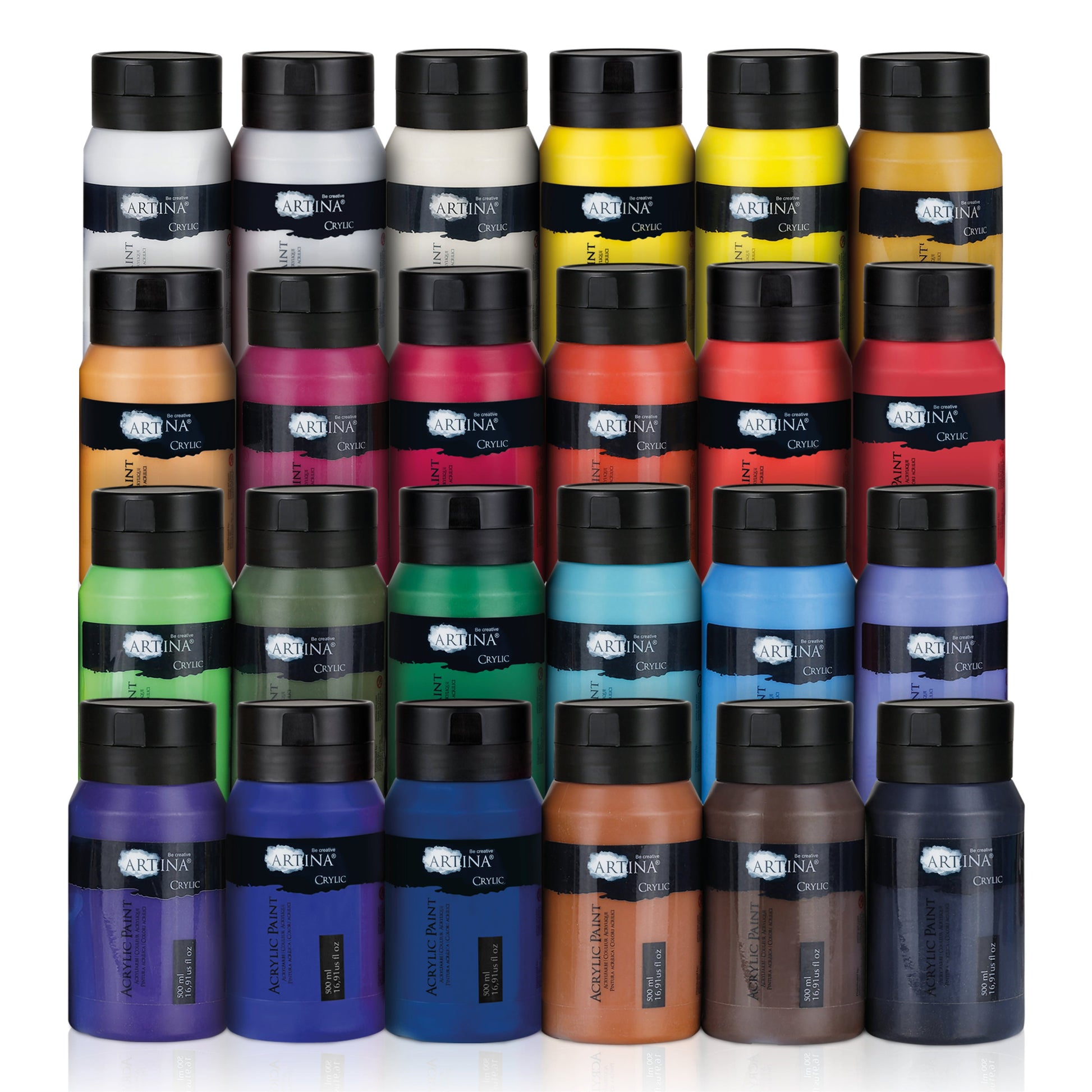 Artina Crylic Acrylfarbe Tuben Set 24 x 500ml schnell trocknende, pigmentreiche und lichtechte Acrylfarben in verschiedenen Farbtönen