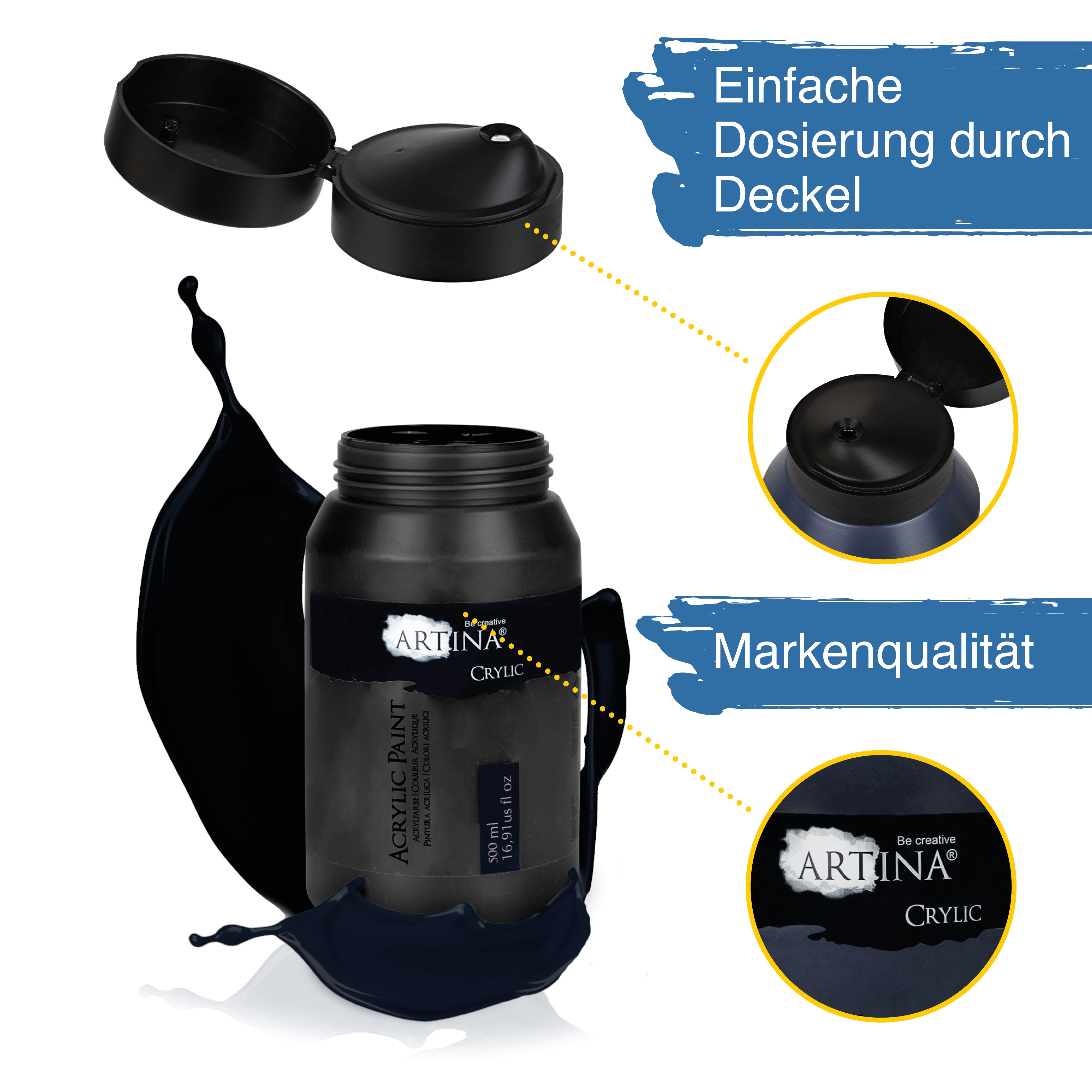 Artina Acrylfarbe Schwarz Weiss 500ml 1000ml Crylic