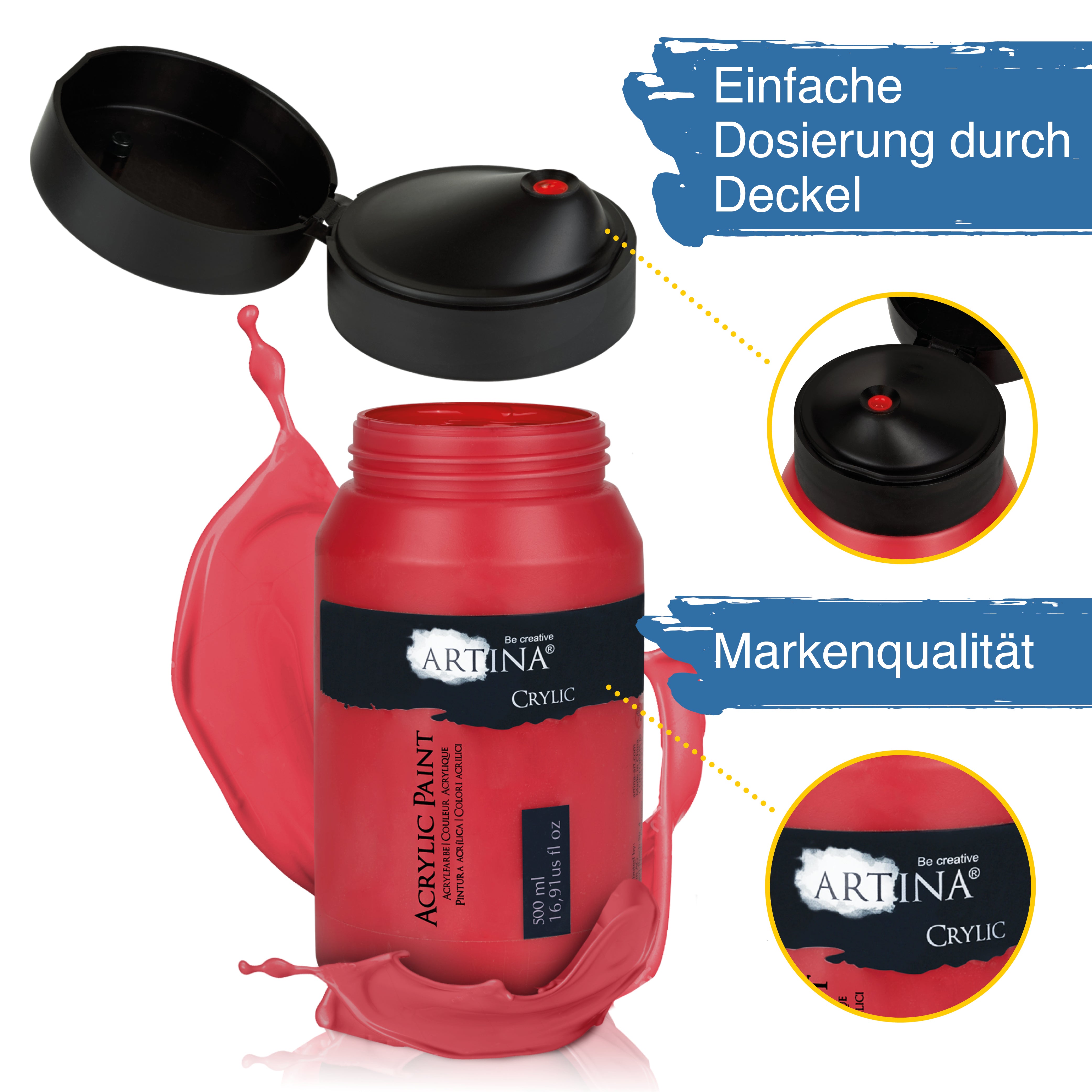 Artina Crylic Acrylfarbe Tuben Set 6 x 500ml hochwertige Künstlerfarbe