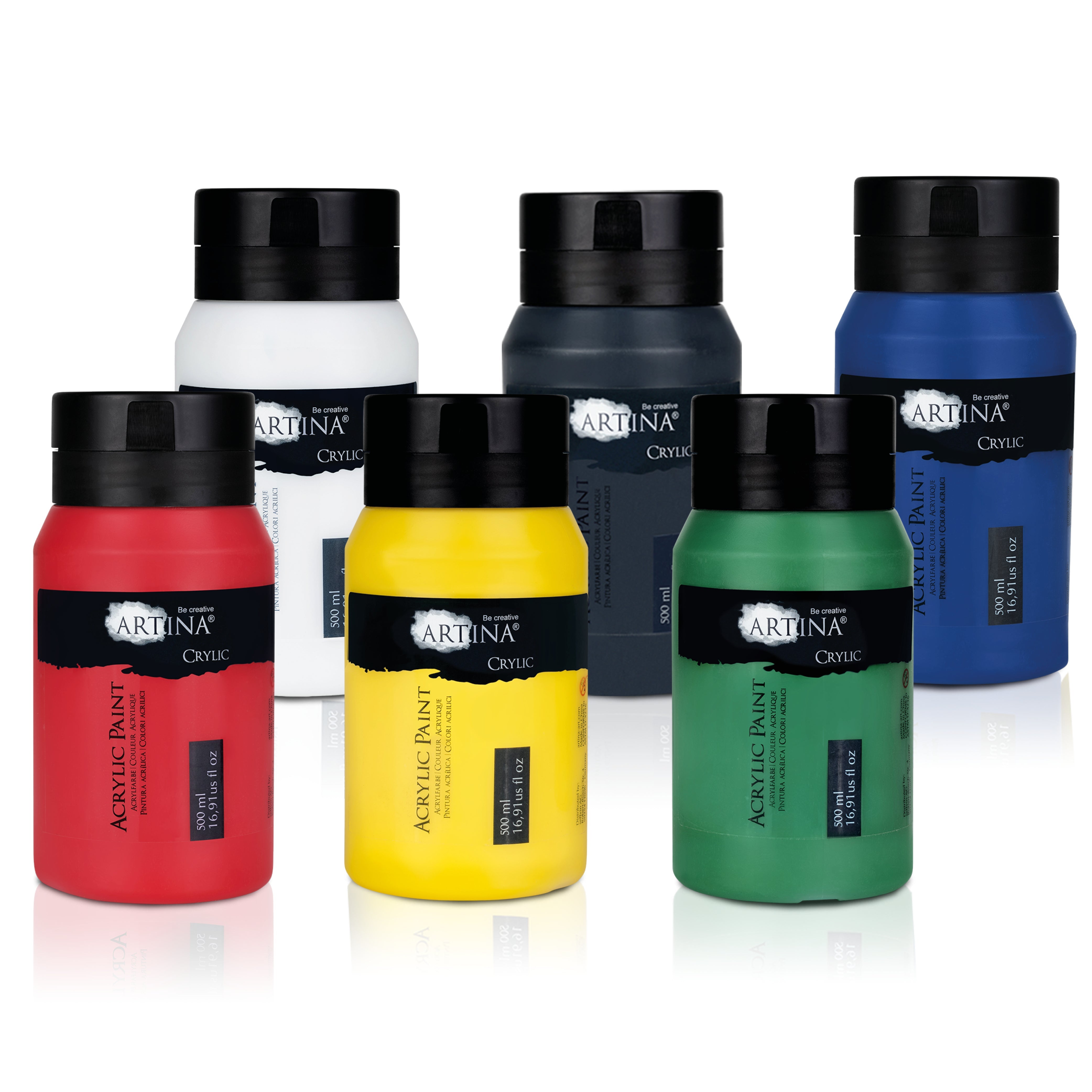 Set of 6 Artina Crylic Acrylfarbe tubes 500ml with vibrant, high-quality acrylic paint in white, yellow, green, red, blue, and black, fast-drying and water-resistant.