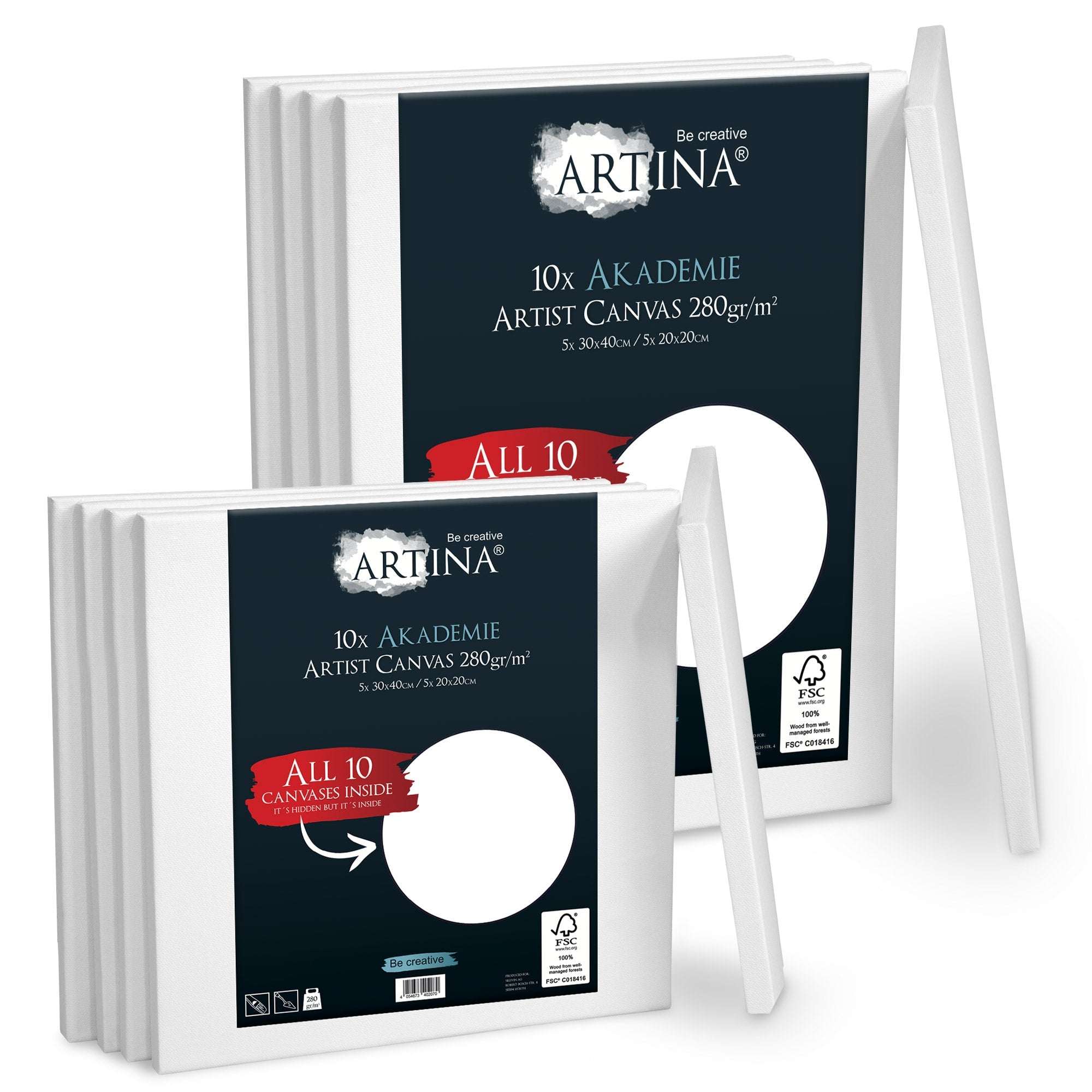 Artina 10er Keilrahmen Set 280g/m² 100% Baumwolle Leinwände 20x20cm und 30x40cm FSC-zertifiziert Keilrahmen für Malerei