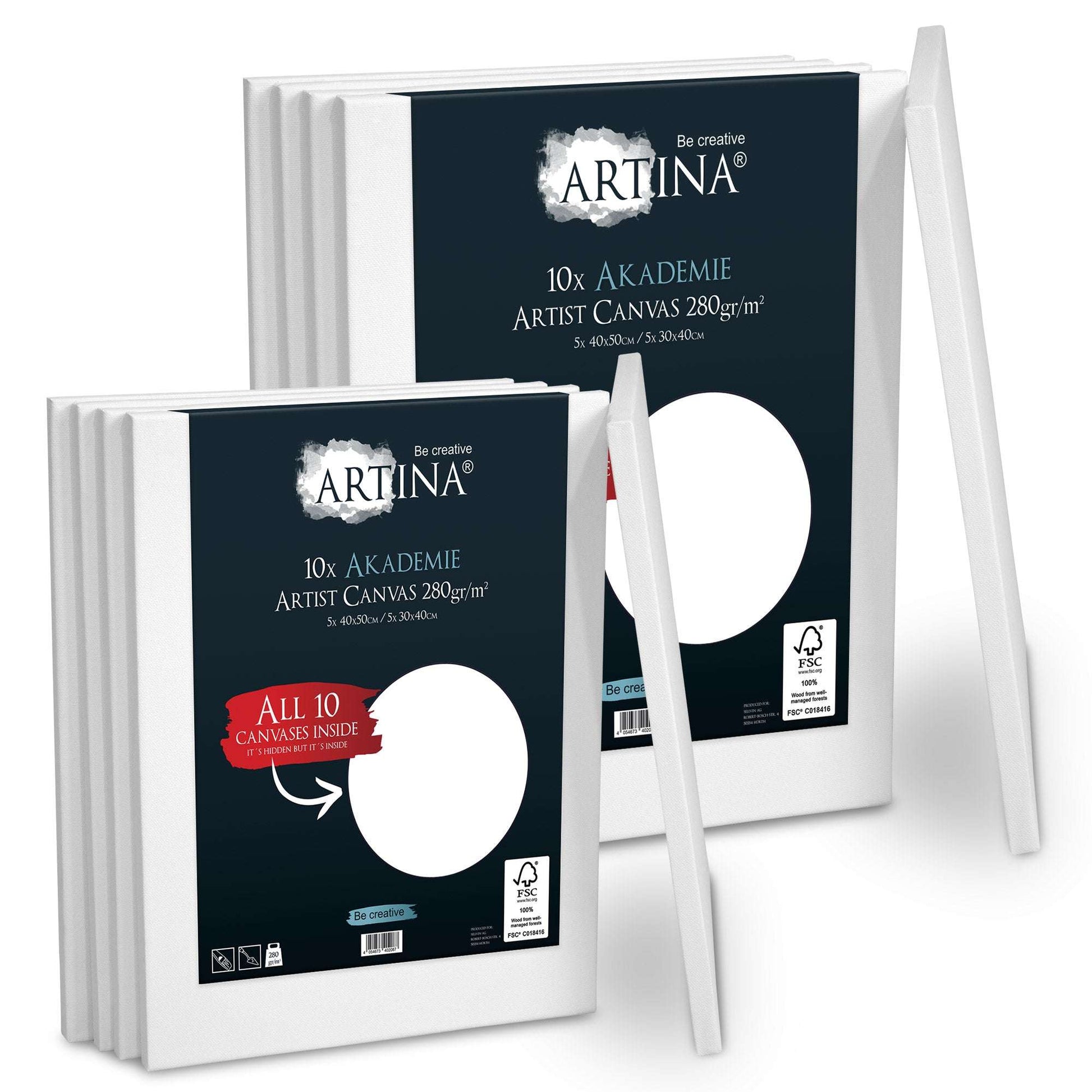 Set of 10 Artina Akademie FSC-certified cotton canvases on wooden stretchers, sizes 30x40cm and 40x50cm, 280g/m², double primed for painting