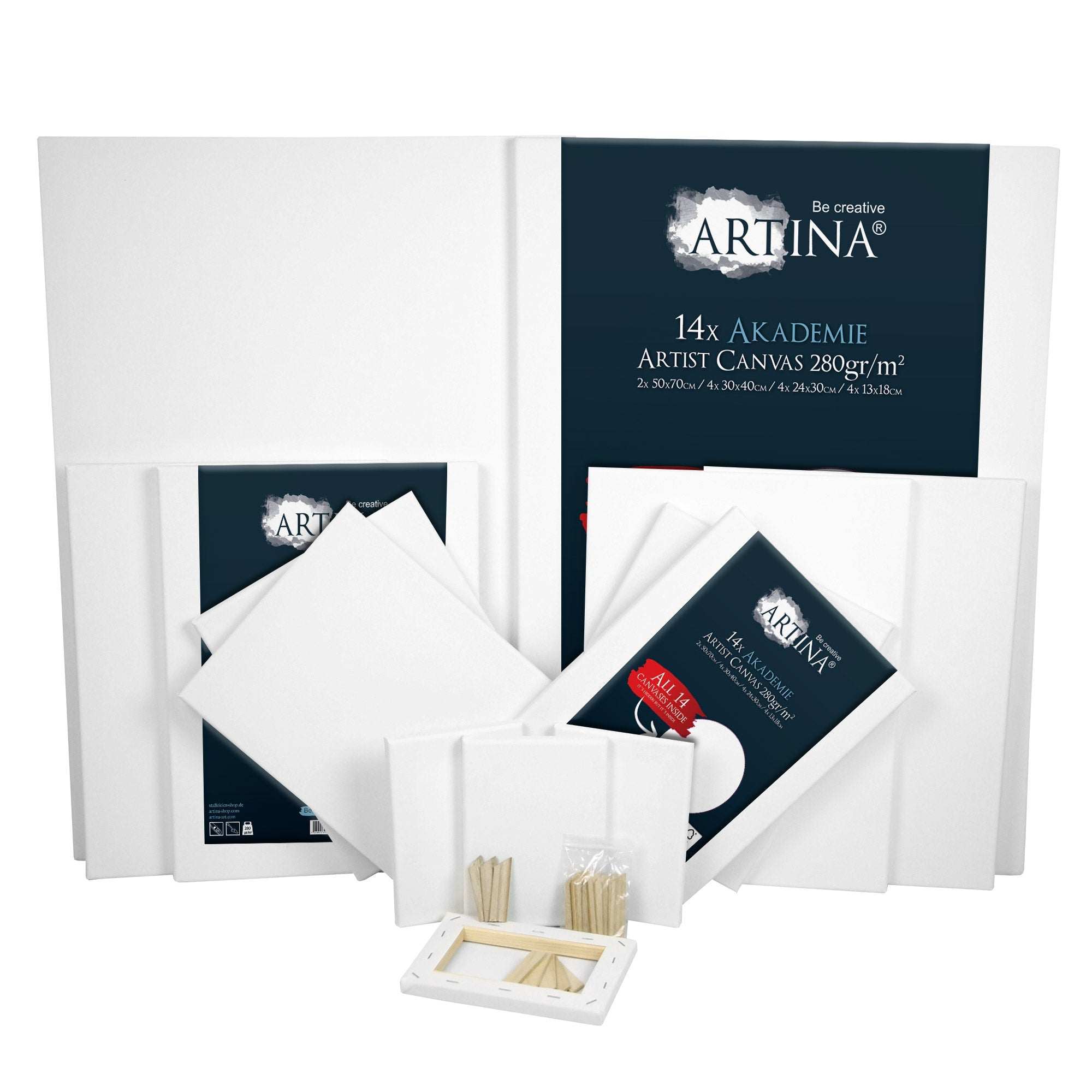 14er Keilrahmen Set Artina Akademie aus 100% Baumwolle mit FSC zertifizierten Holzrahmen in verschiedenen Größen und 280g/m² schwerer Leinwand