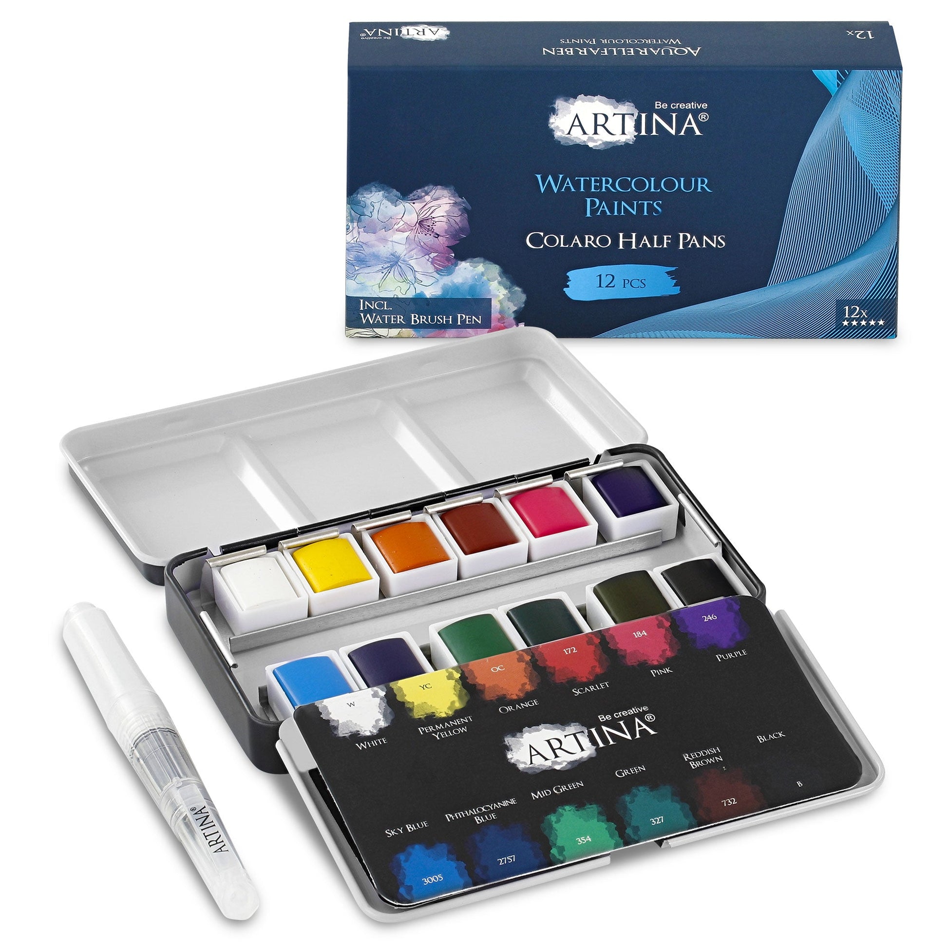 Artina Colaro Aquarellfarben 12 Farben Set im Metallkasten mit Wassertankpinsel für Aquarellmalerei