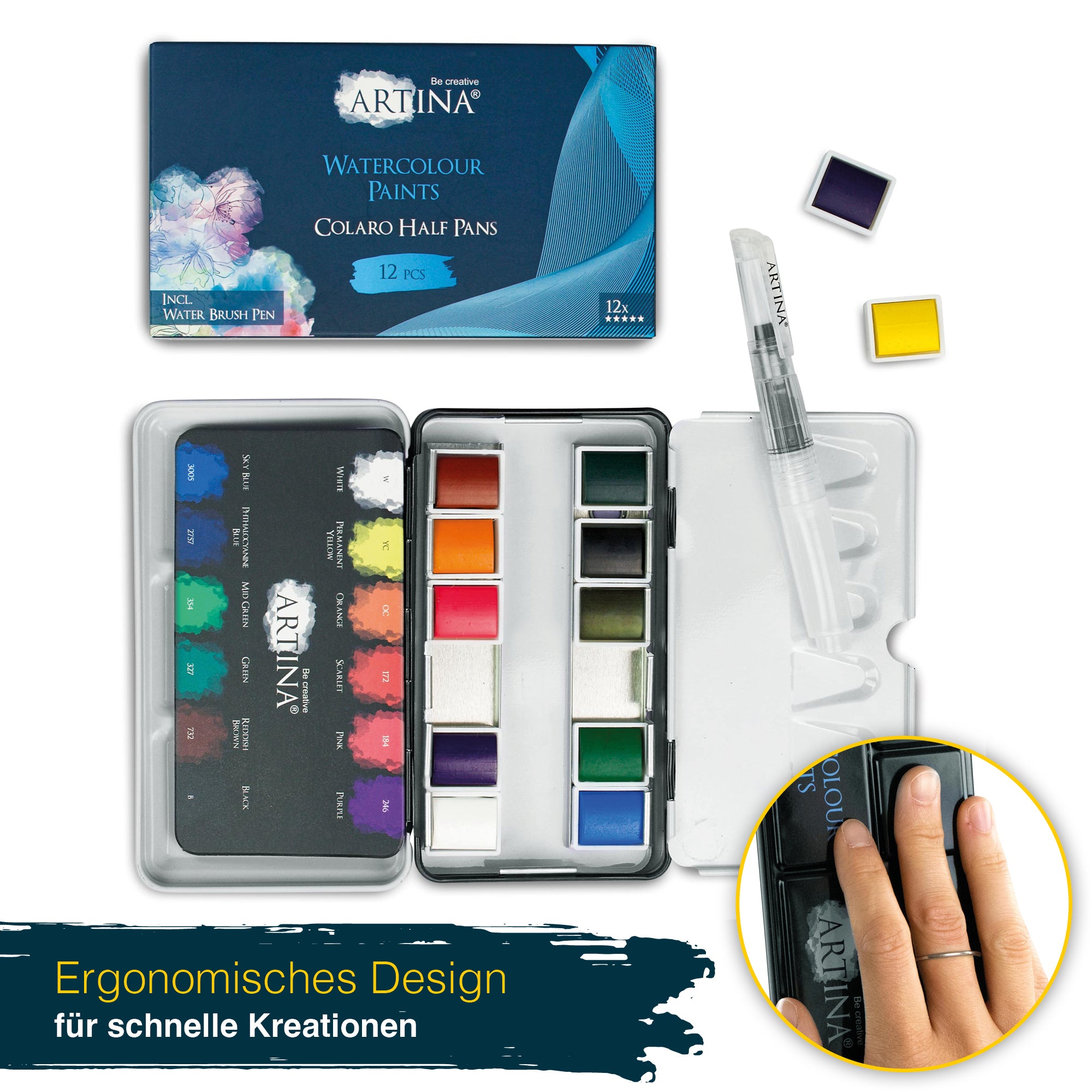 Artina Colaro Aquarellfarben Malkasten Set inkl. Wassertankpinsel