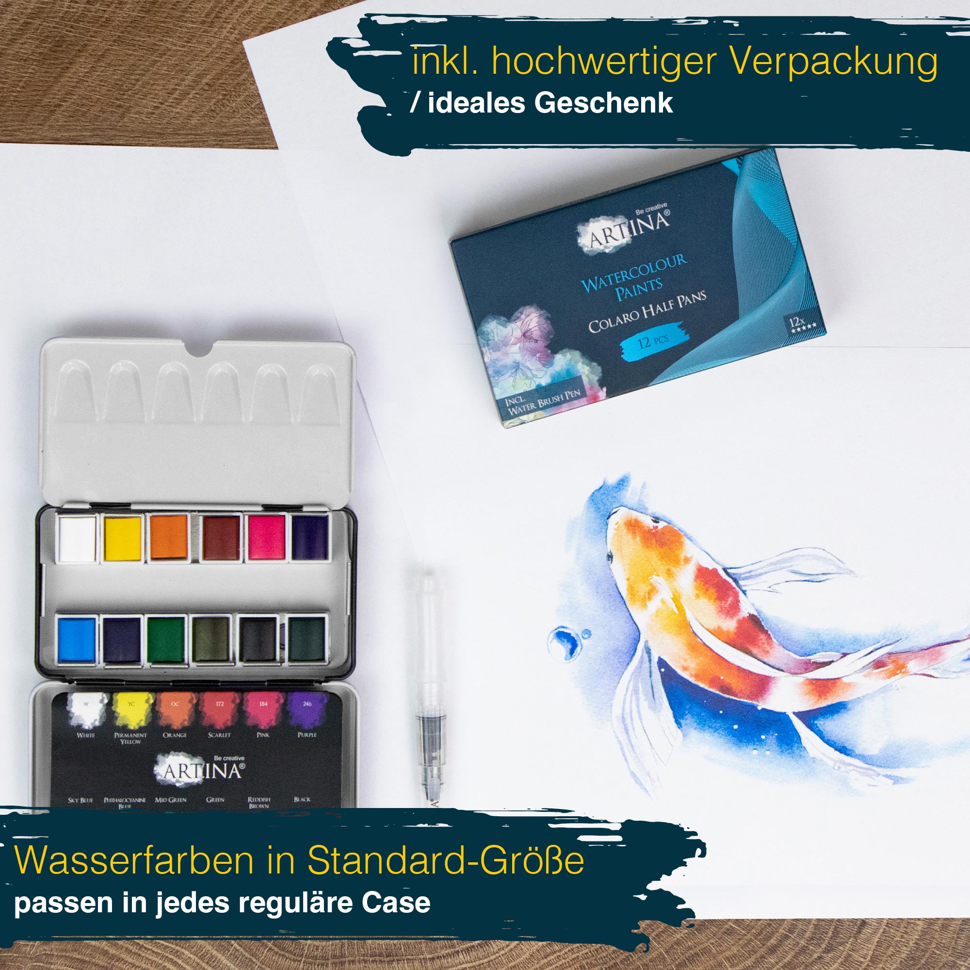 Artina Colaro Aquarellfarben Malkasten Set inkl. Wassertankpinsel