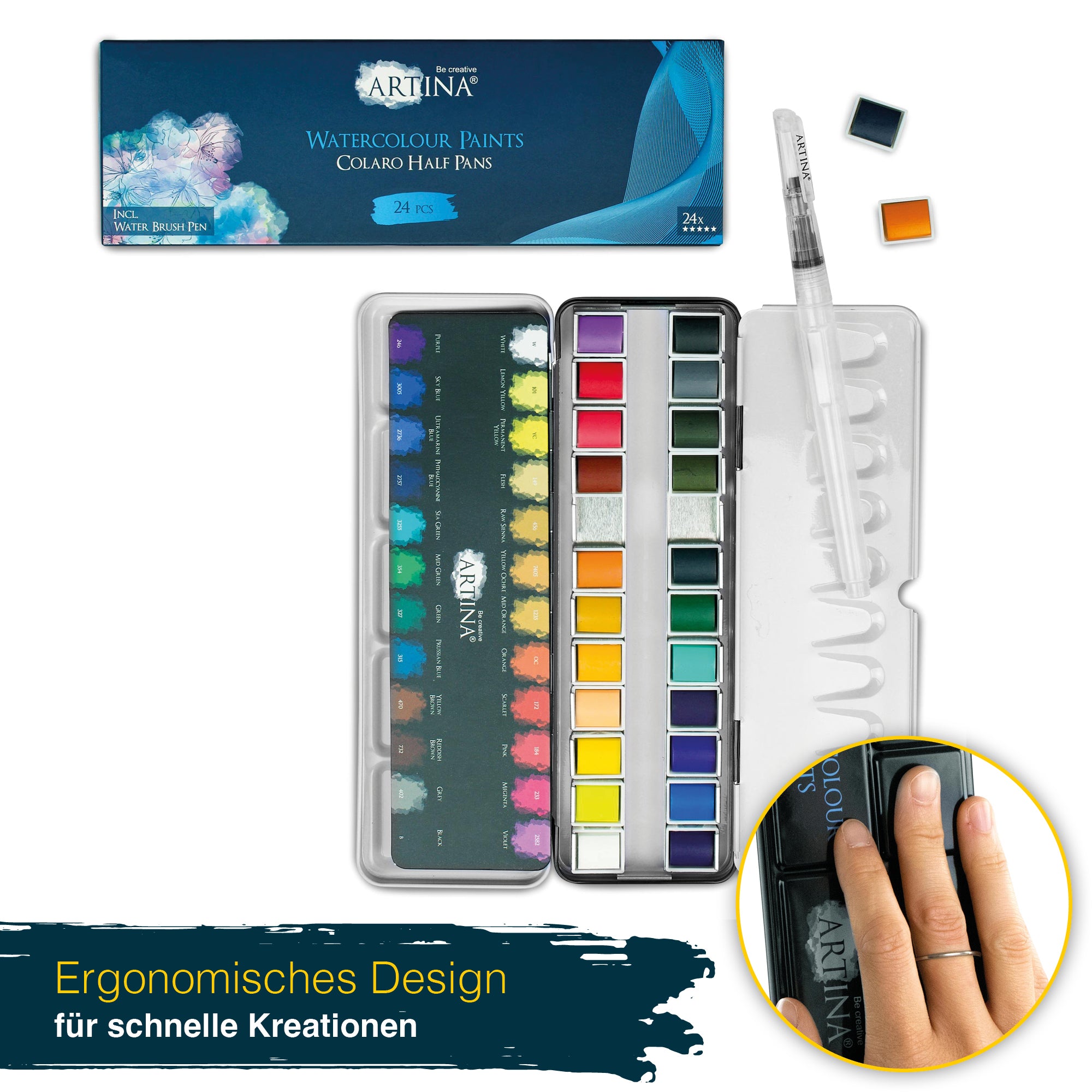 Artina Colaro Aquarellfarben Malkasten Set inkl. Wassertankpinsel