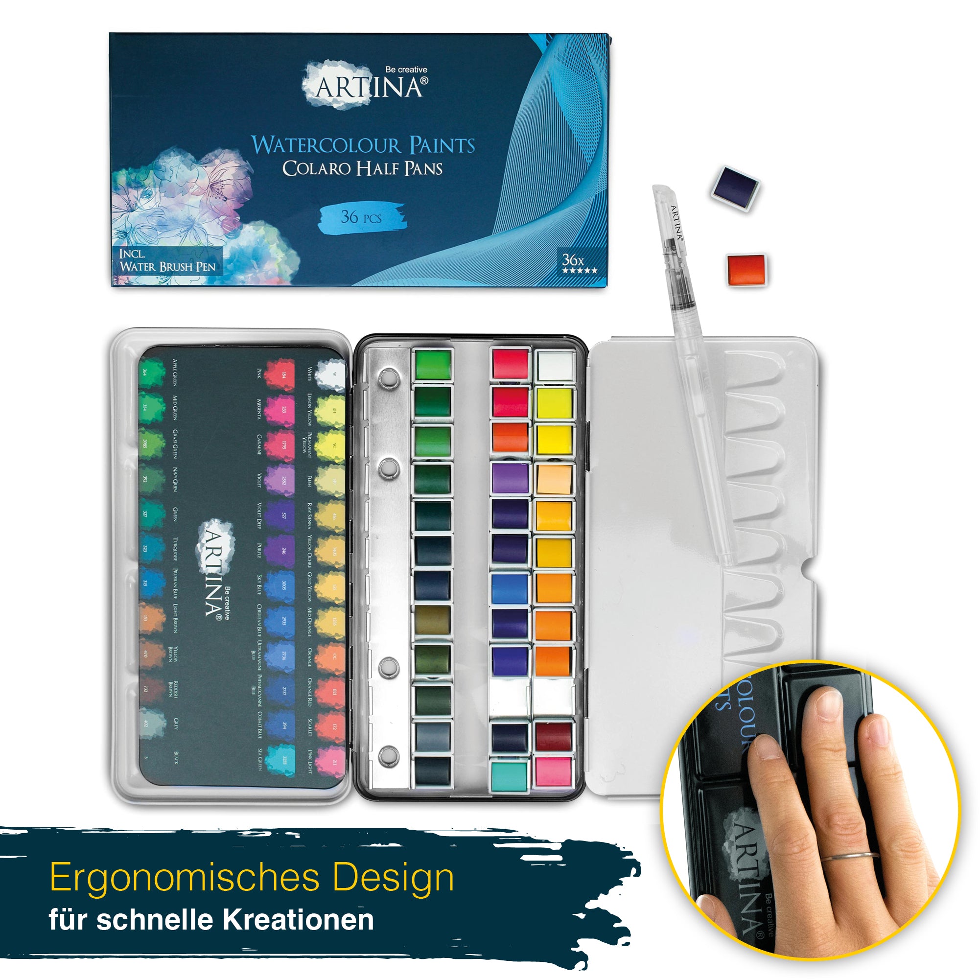 Artina Colaro Aquarellfarben Malkasten Set inkl. Wassertankpinsel