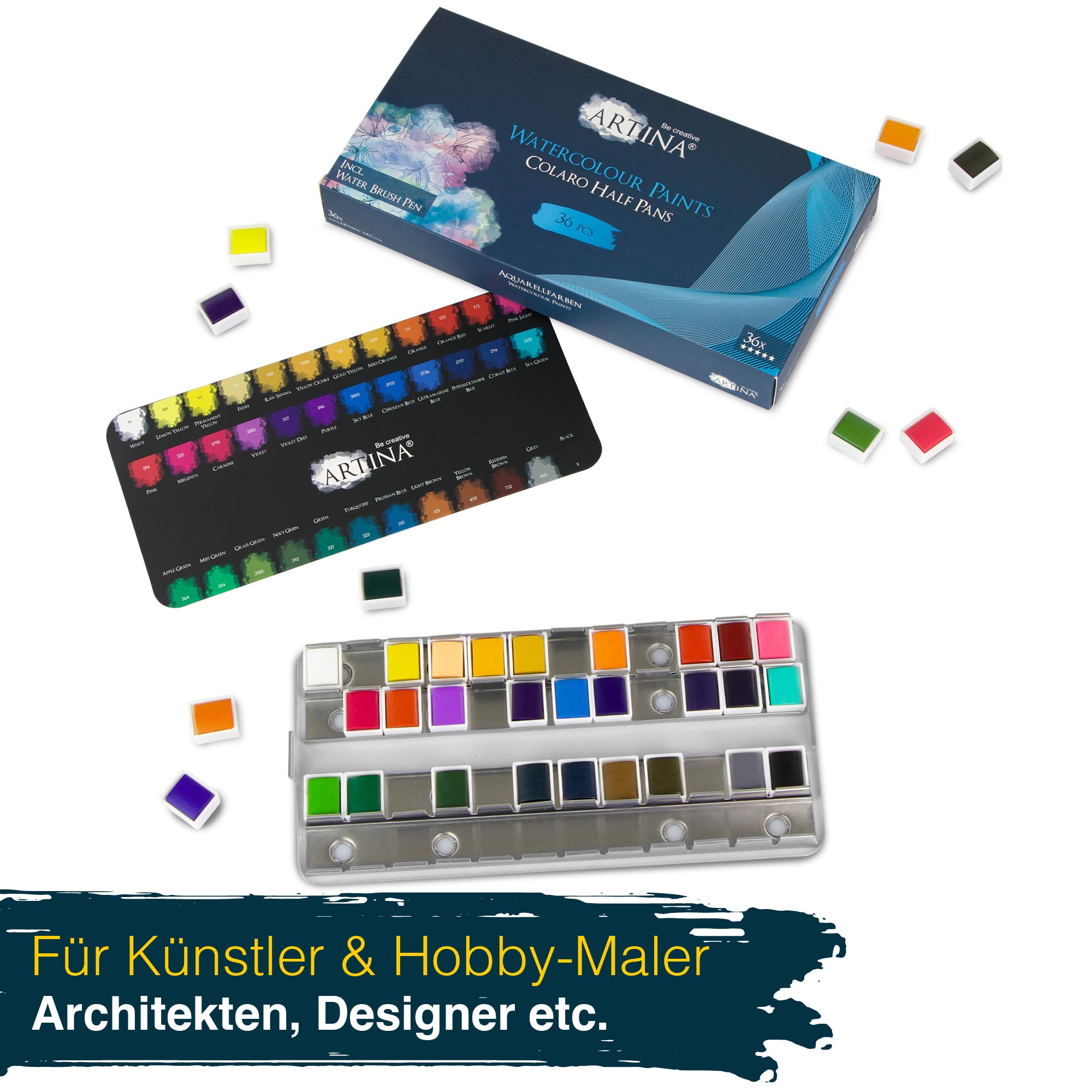 Artina Colaro Aquarellfarben Malkasten Set inkl. Wassertankpinsel