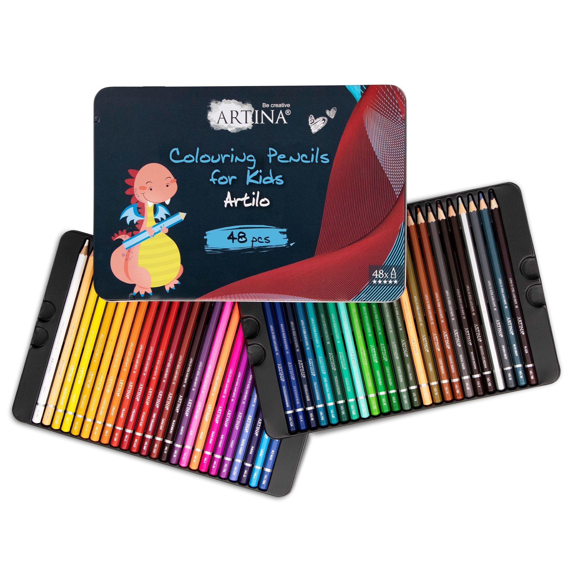 Artina Artilo 48-piece colored pencils set for kids in metal box with vibrant, break-resistant, FSC certified wood pencils