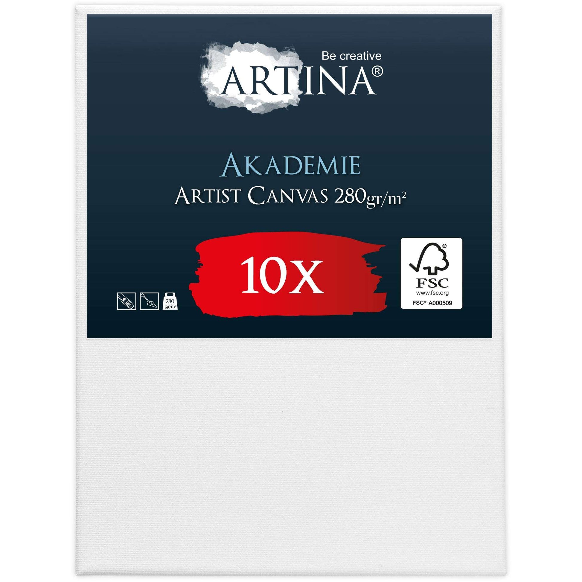 Artina 10er Set Akademie Leinwände 280g/m² Baumwolle FSC® zertifiziert Keilrahmen für Malerei