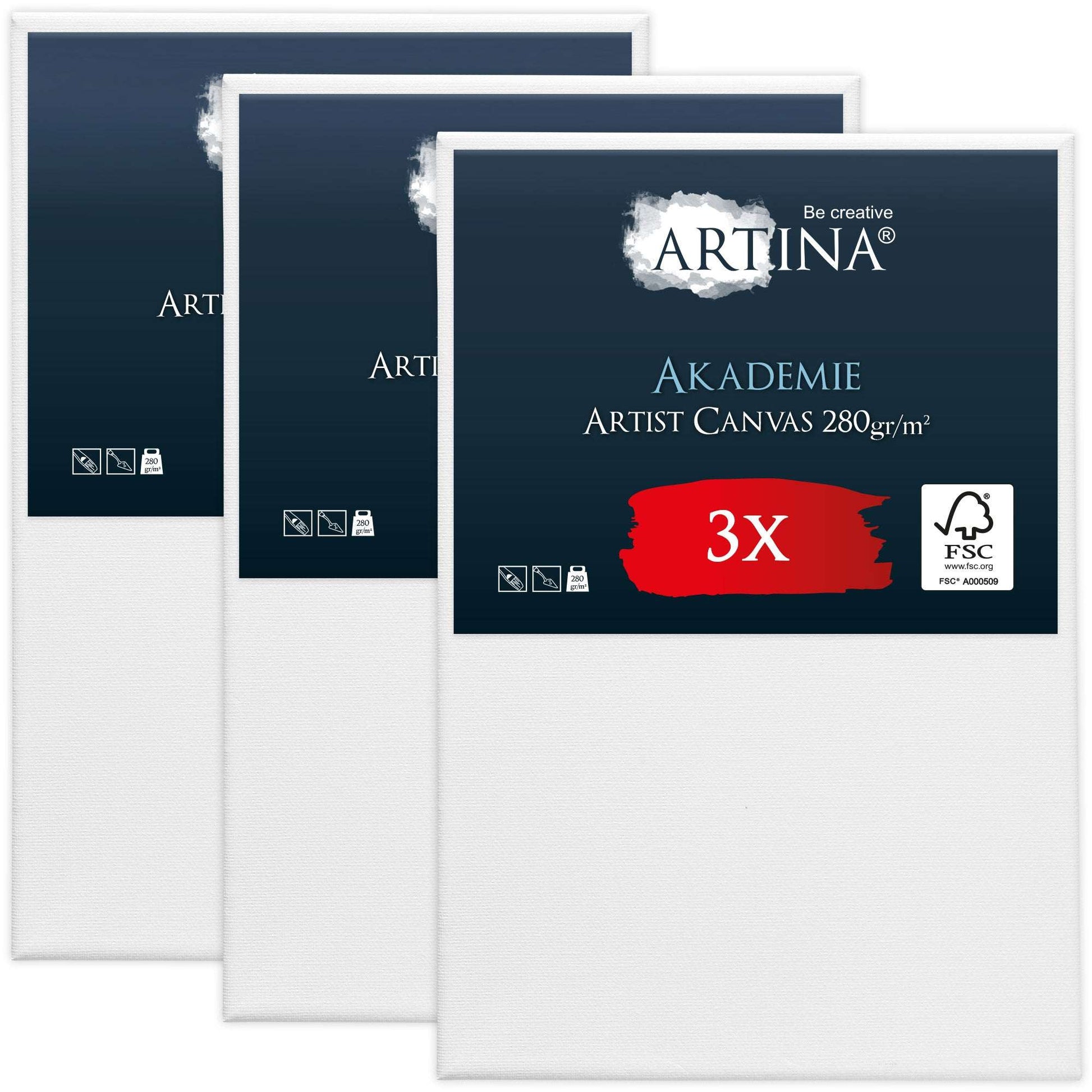 Artina 3er Set Leinwand auf Keilrahmen 280g/m² FSC® zertifiziert, 100% Baumwolle, weiß vorgrundiert, stabile Holzkeilrahmen, ideal für alle Maltechniken