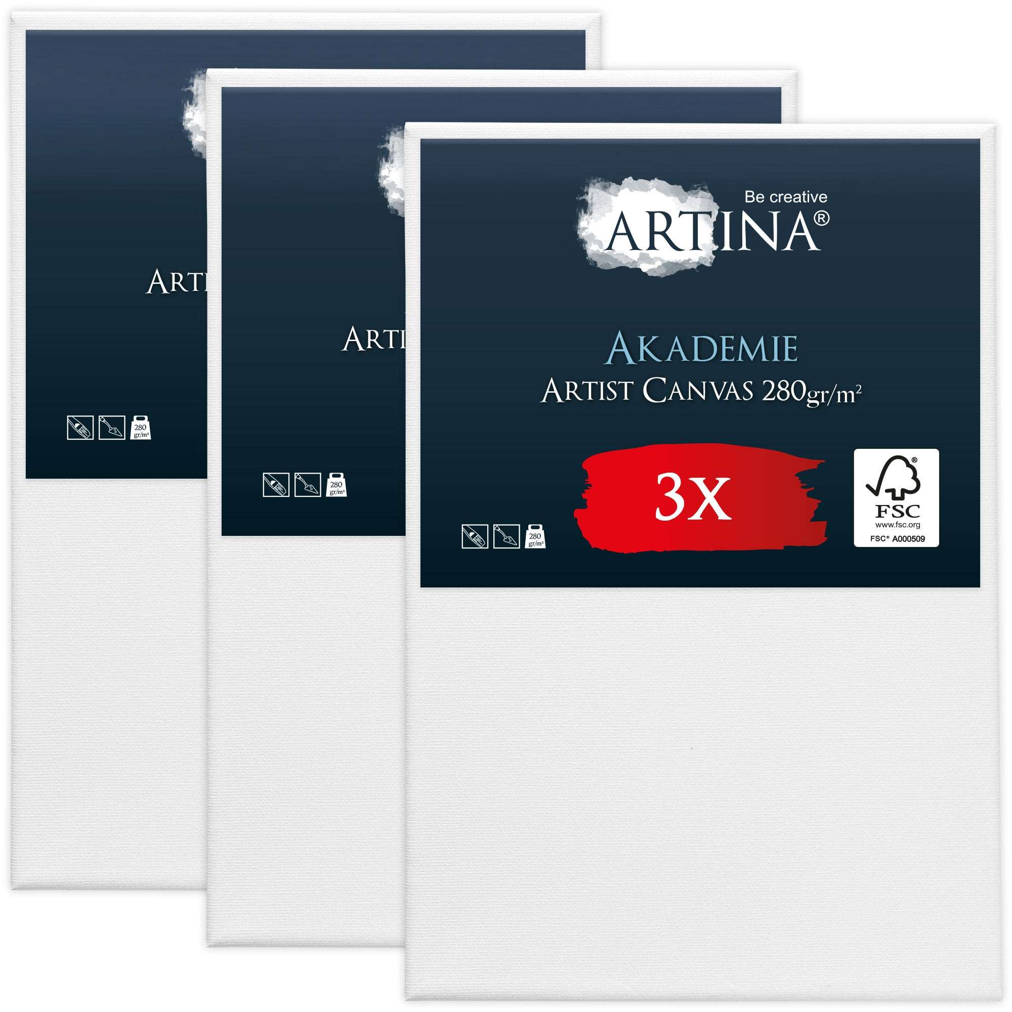 Artina 3er Set Leinwand auf Keilrahmen 280g/m² FSC® zertifiziert, 100% Baumwolle, weiß vorgrundiert, stabile Holzkeilrahmen, ideal für alle Maltechniken