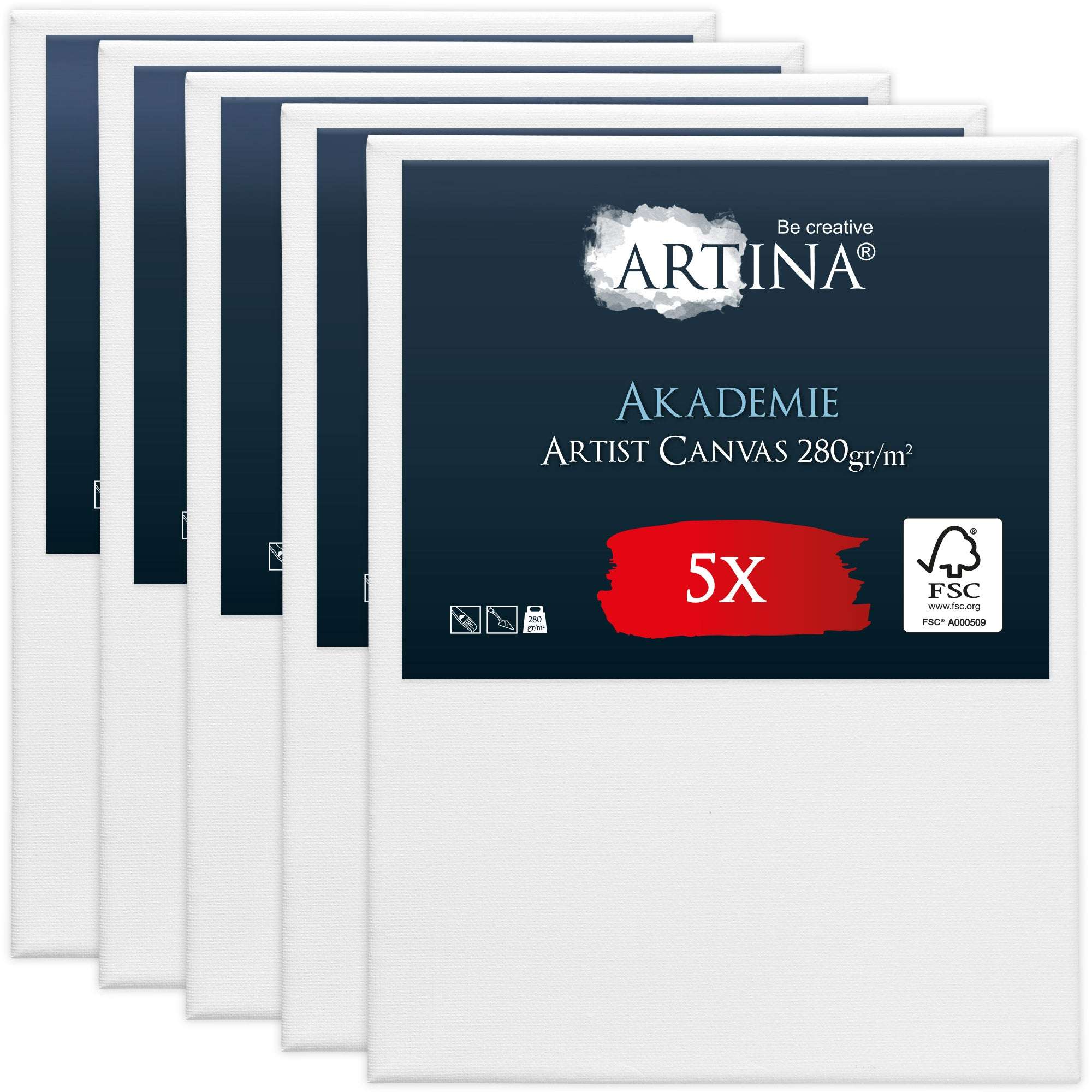 Artina 5er Set Leinwände auf FSC®-zertifiziertem Holzkeilrahmen, 280g/m² Baumwolle, vorgrundiert, für alle Maltechniken