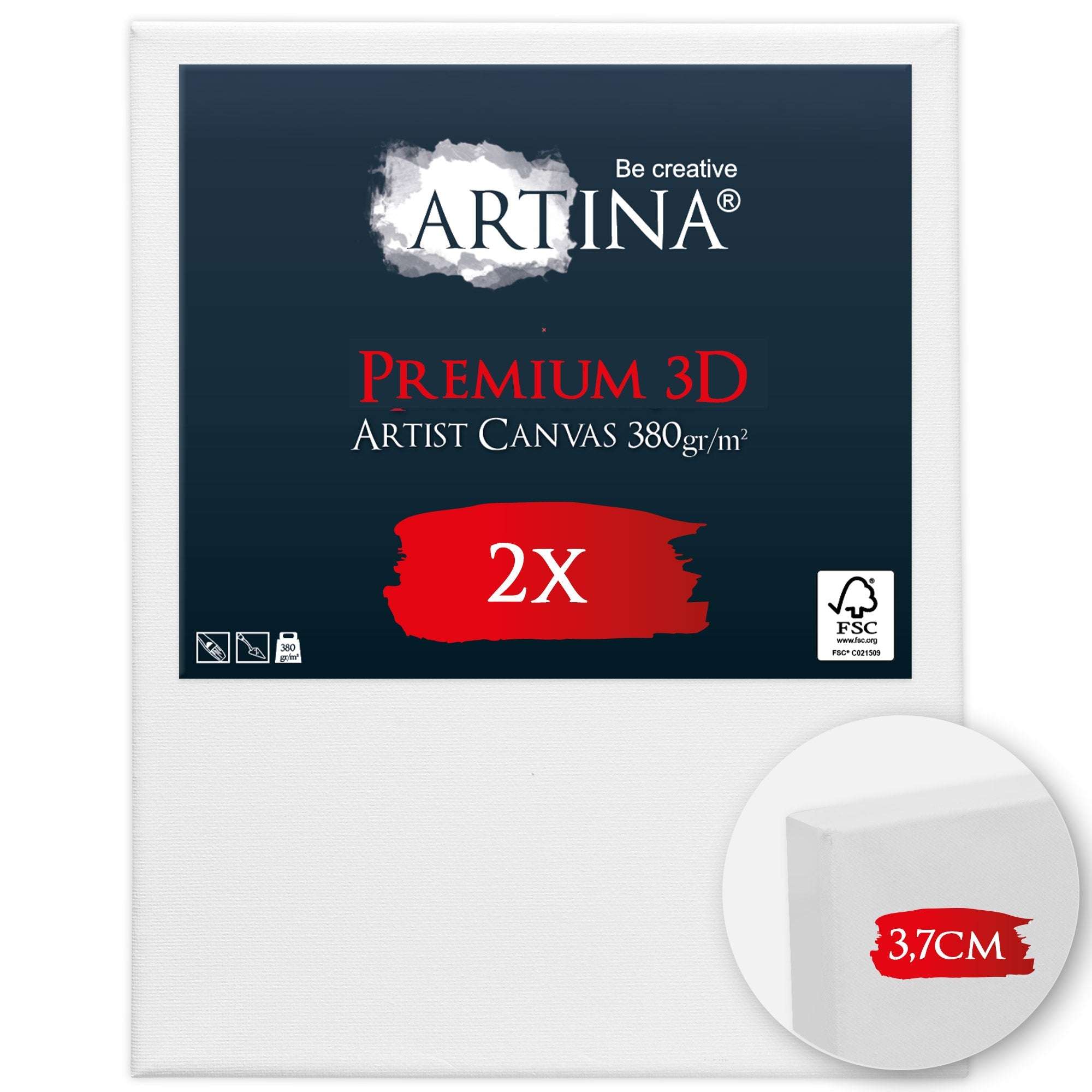 Artina 2er Set Premium 3D Leinwand auf stabilem 3,7cm Keilrahmen, 380g/m² Baumwoll-Leinwand, 3-fach weiß vorgrundiert, für Künstlerfarben geeignet