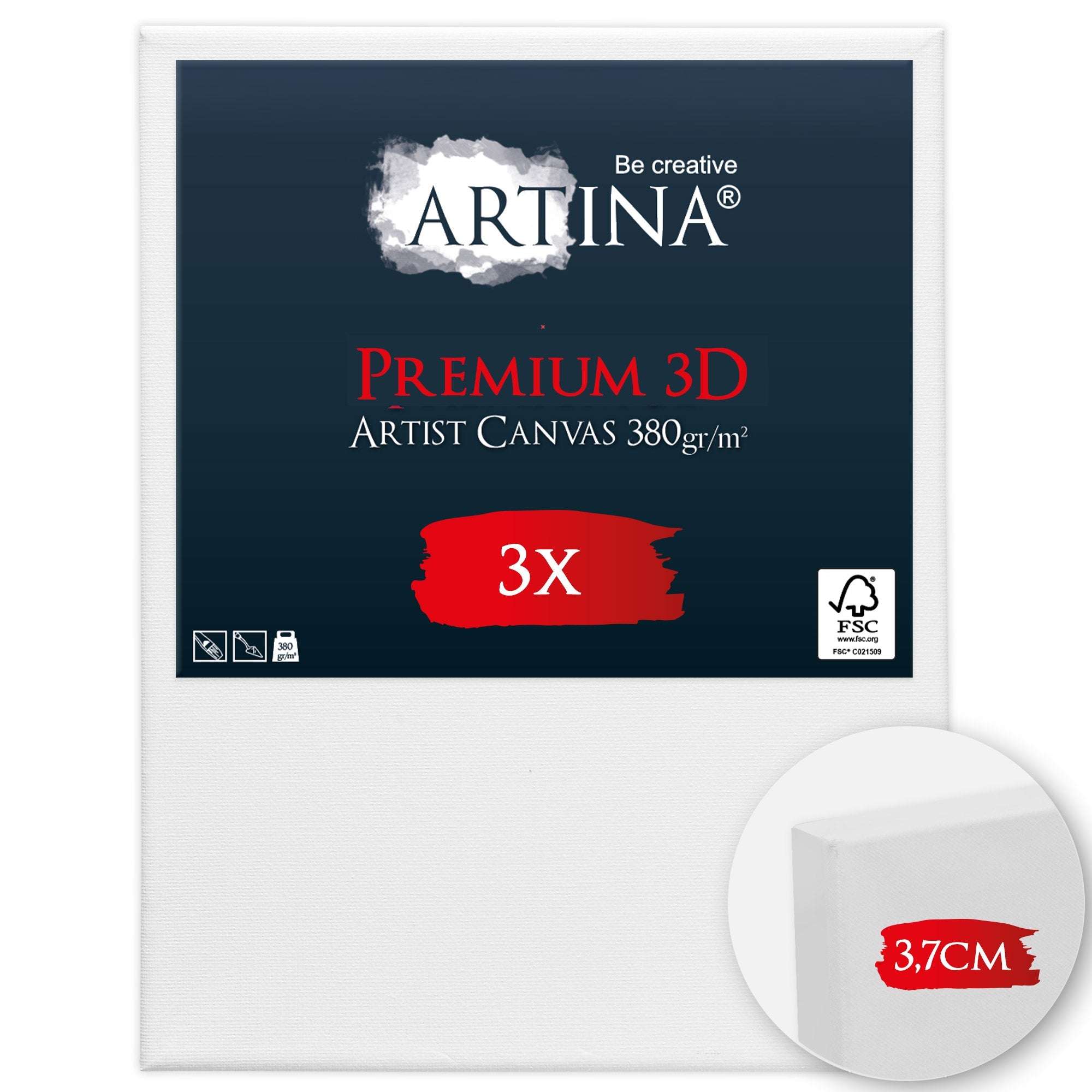 3er Set Artina Premium 3D Leinwand auf 3,7 cm tiefem Holzkeilrahmen, 380g/m², weiß vorgrundiert, 100% Baumwolle, formstabil und für alle Maltechniken geeignet