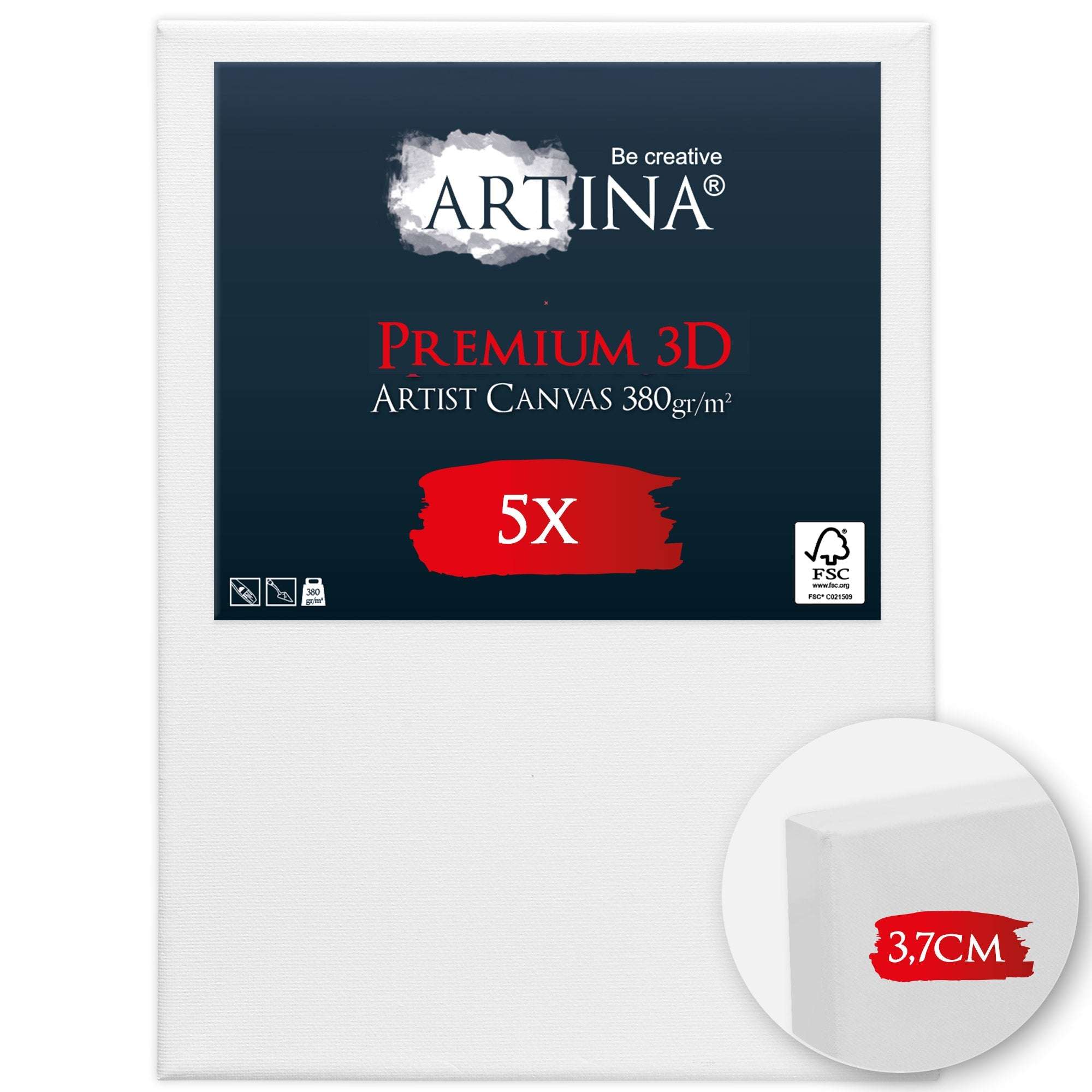 Set of 5 premium 3D Leinwand auf Keilrahmen canvases, 380g/m² cotton, 37mm thick frame, white primed, FSC certified
