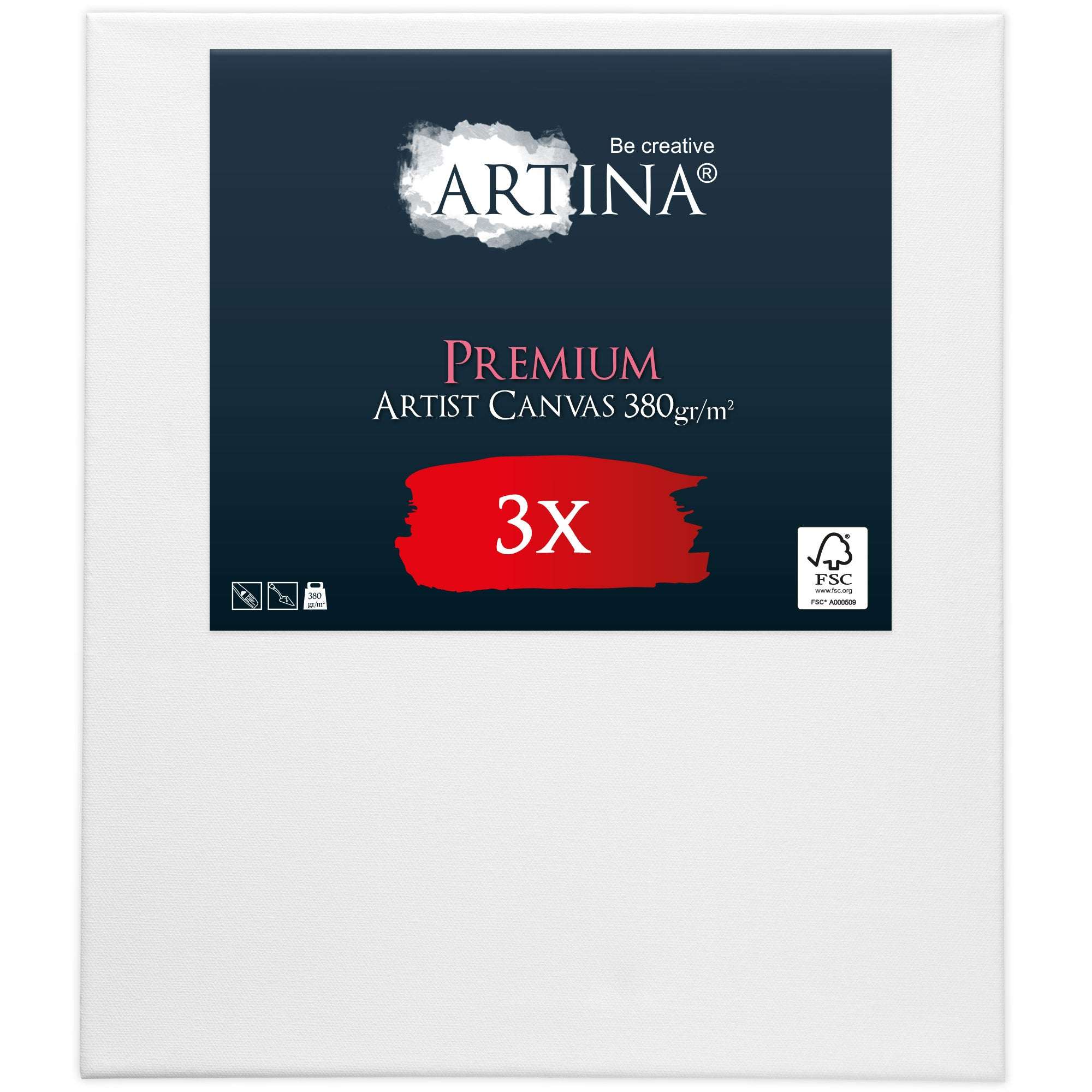 Artina 3er Set Premium Leinwand 380g/m² auf 15mm Keilrahmen, 3-fach weiß vorgrundiert, hochwertige Baumwoll-Leinwand für Öl- und Acrylfarben
