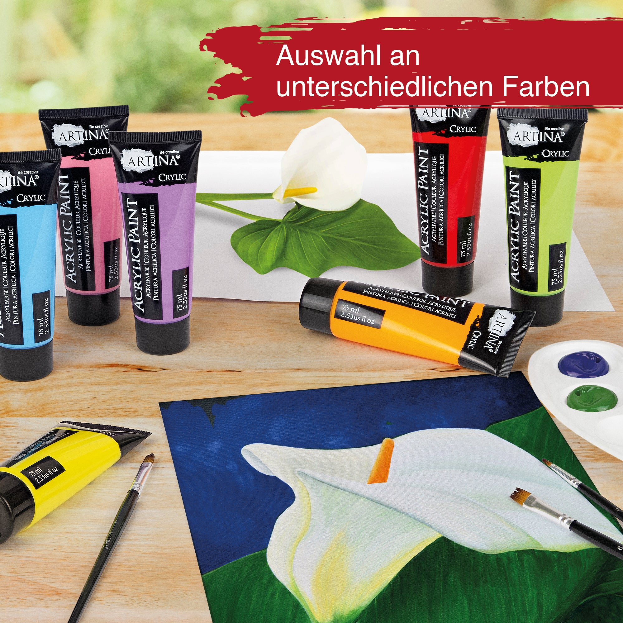 Artina 27tlg. Acrylfarben Malset Bergamo inkl. 16 Farben, 10 Pinsel und 1 Mischpalette