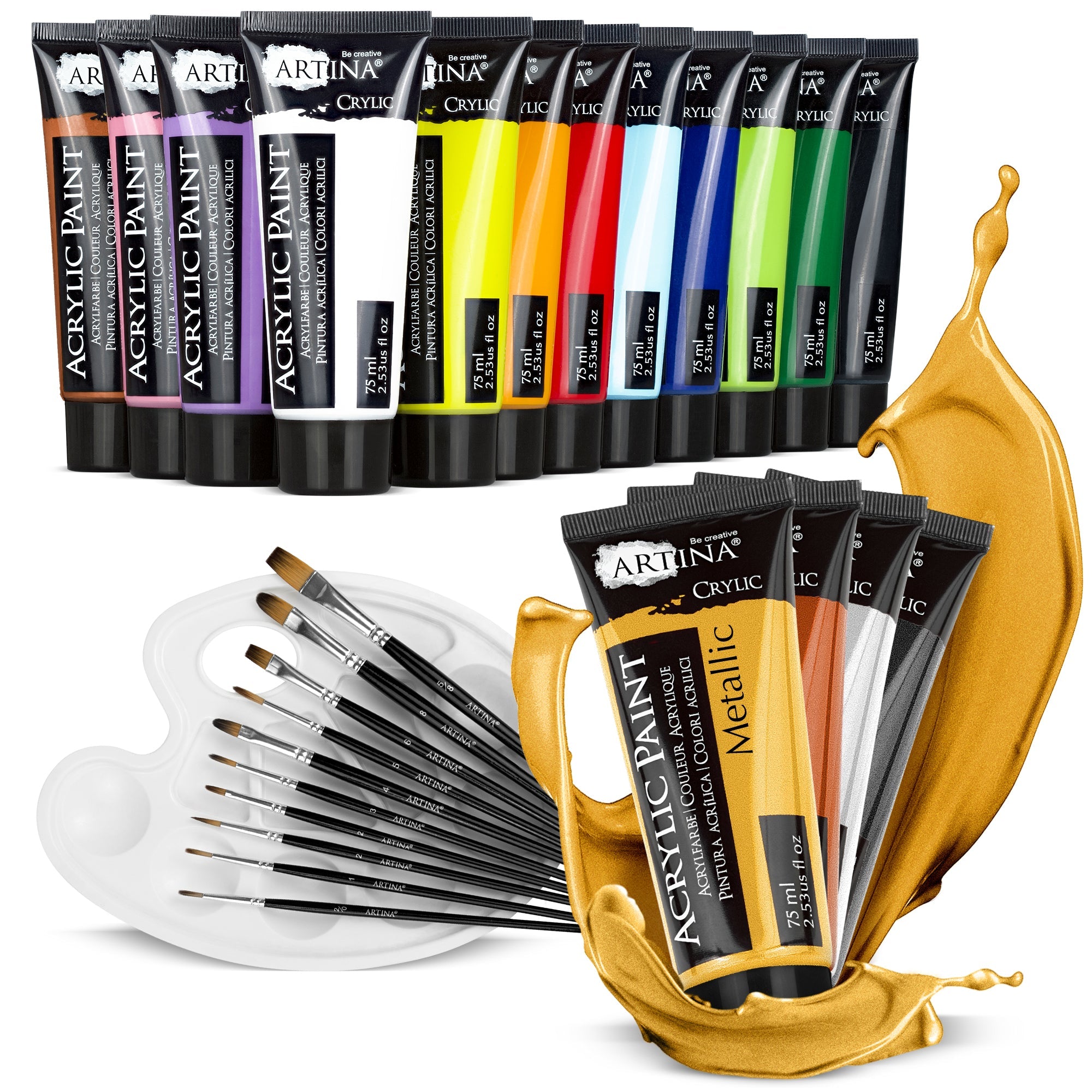 Artina Acrylfarben Malset mit 16 Farben, 10 Pinseln und Mischpalette, inkl. Standard- und Metallicfarben