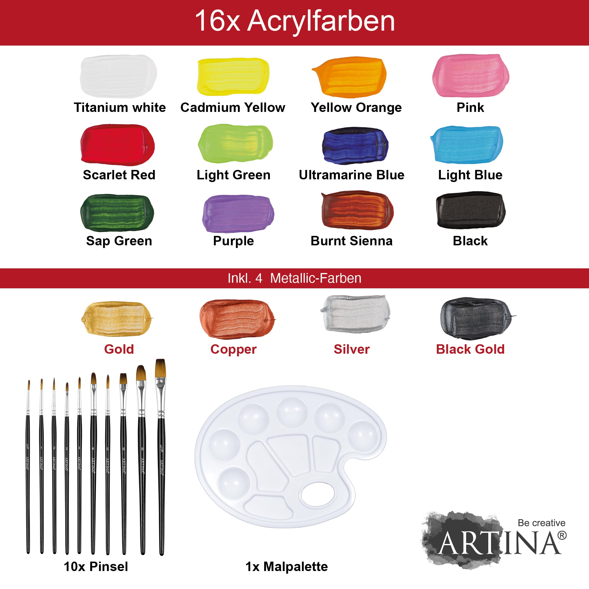 Artina 27tlg. Acrylfarben Malset Bergamo inkl. 16 Farben, 10 Pinsel und 1 Mischpalette