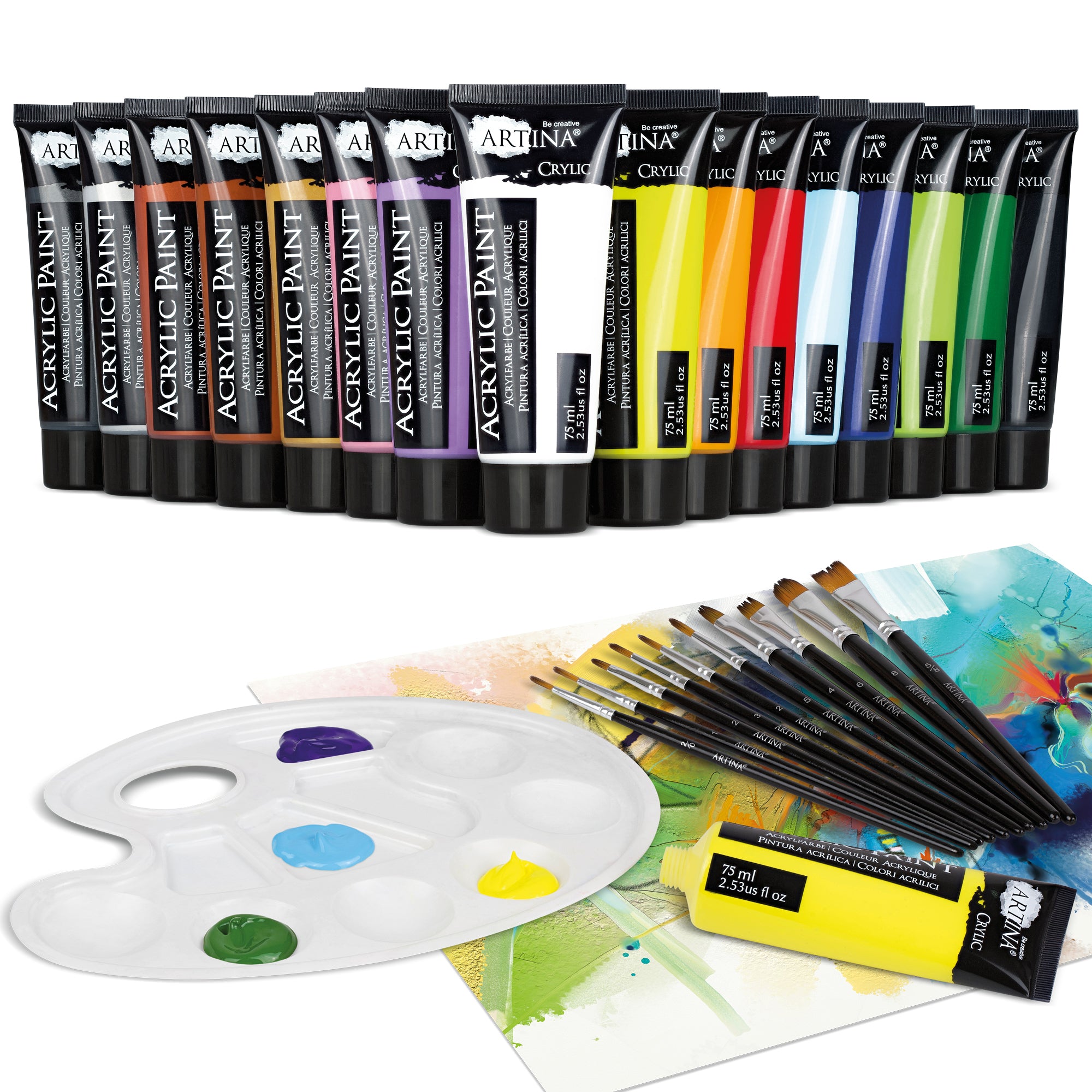 Artina 27tlg. Acrylfarben Malset Bergamo inkl. 16 Farben, 10 Pinsel und 1 Mischpalette