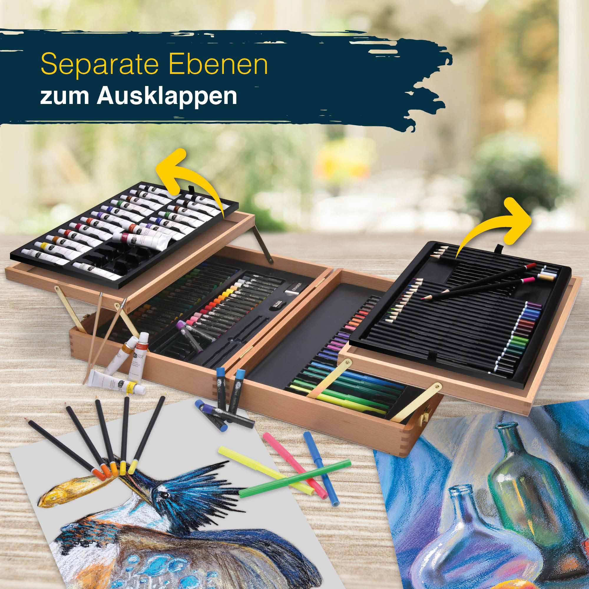 Artina 127tlg Holzkoffer Malset Bologna mit Acryl, Pinsel, Stifte uvm