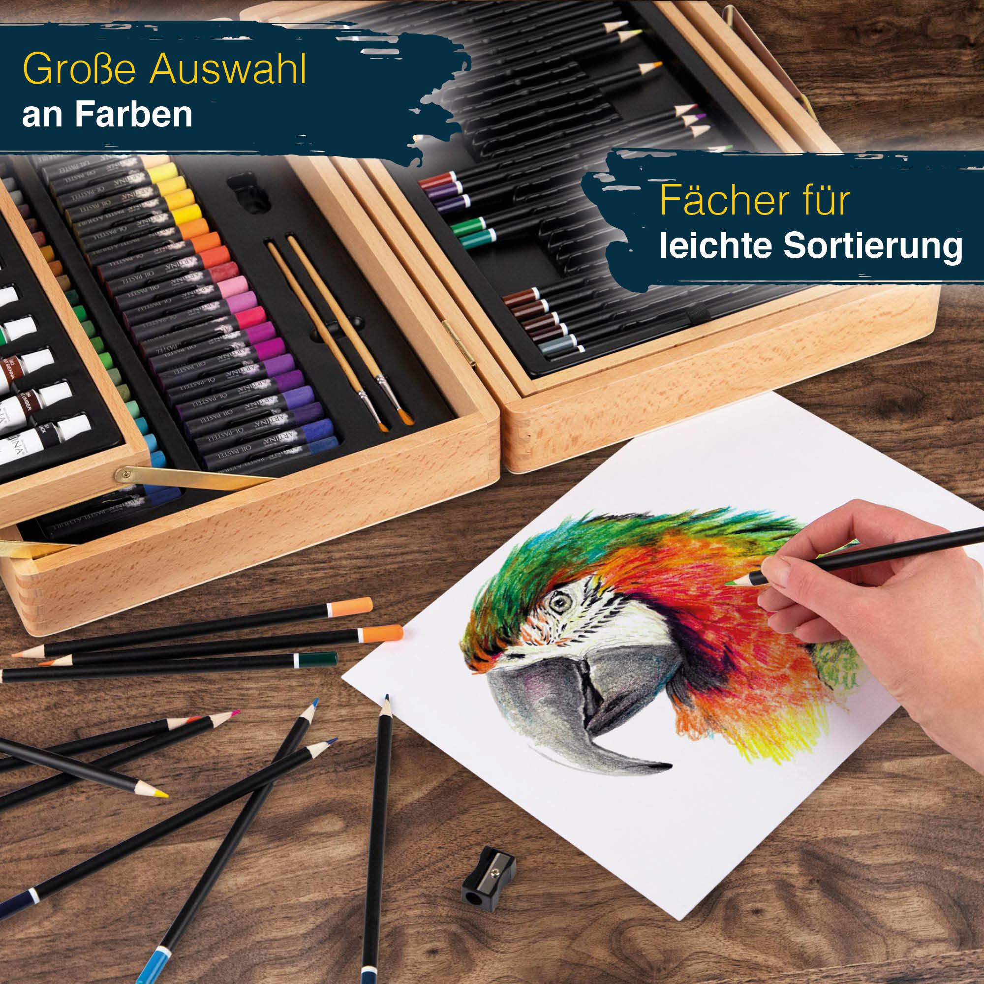 Artina 127tlg Holzkoffer Malset Bologna mit Acryl, Pinsel, Stifte uvm