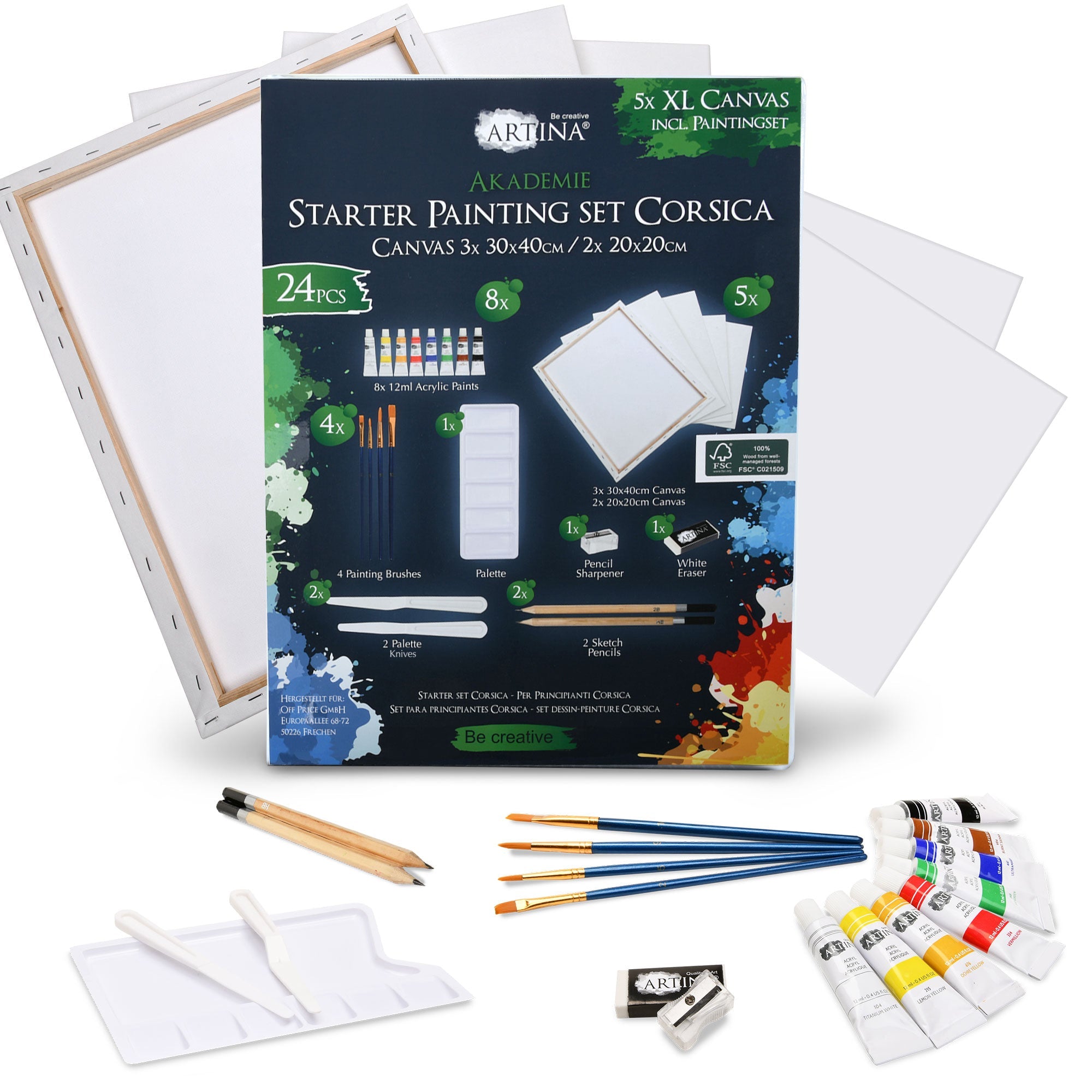 Artina Malset Corsica 24-piece painting set with 5 canvas frames, acrylic paints, brushes, palette, palette knives, pencils, eraser, and sharpener