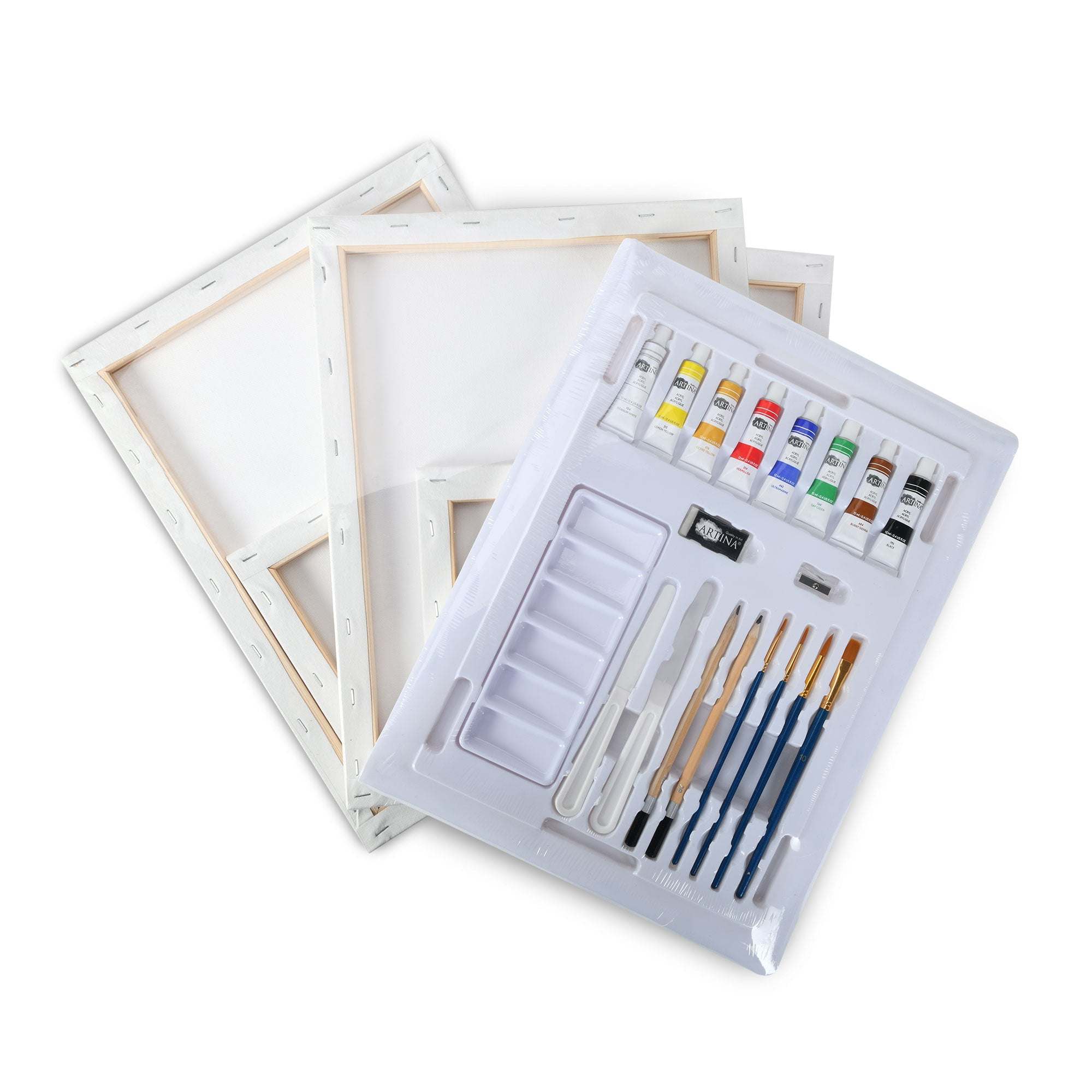 Artina Malset Corsica 25-teiliges Künstler Acrylfarben Set mit Keilrahmen, Pinseln und Malpalette