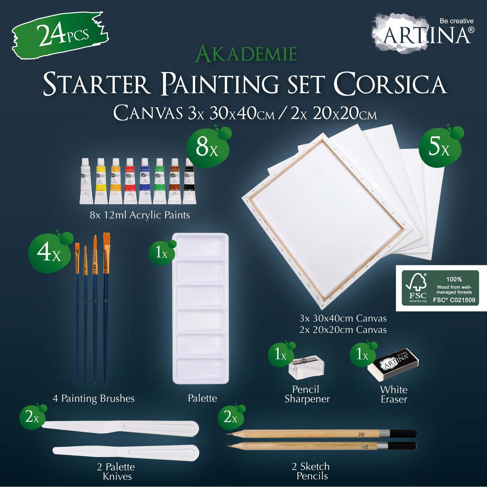 Artina Malset Corsica 25-teiliges Acrylfarben Malset mit Leinwänden, Pinseln, Palette, Skizzenstiften und Tischstaffelei aus Kiefernholz