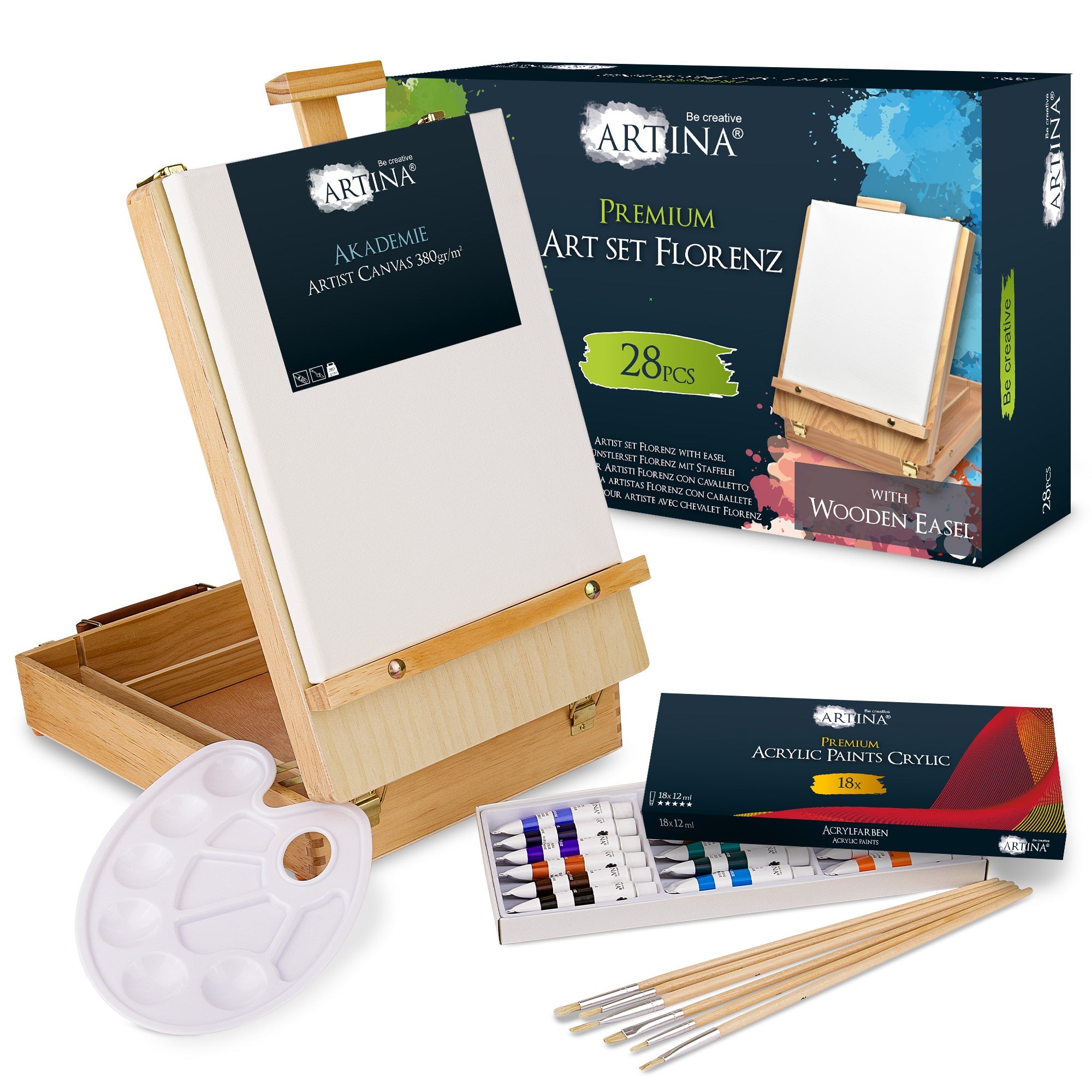 Artina Acrylfarben Malset mit 28 Teilen, inkl. Kofferstaffelei aus Kiefernholz, 18 Acrylfarben je 12ml, 6 Pinseln, Mischpalette und Malspachtel