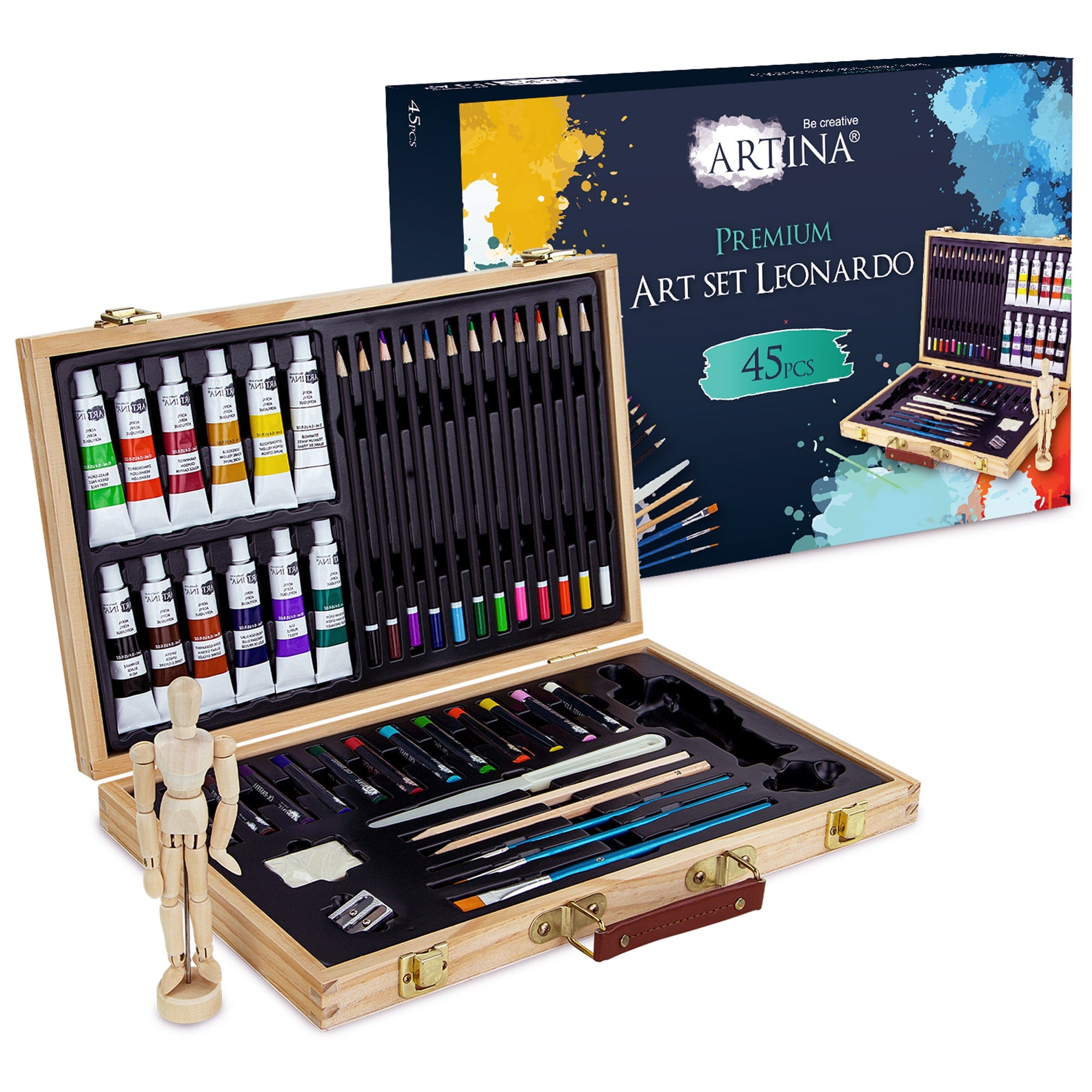 Artina 45tlg Malset Leonardo mit Acrylfarben, Buntstiften, Ölpastellkreiden, Pinseln und Gliederpuppe im Holzkoffer
