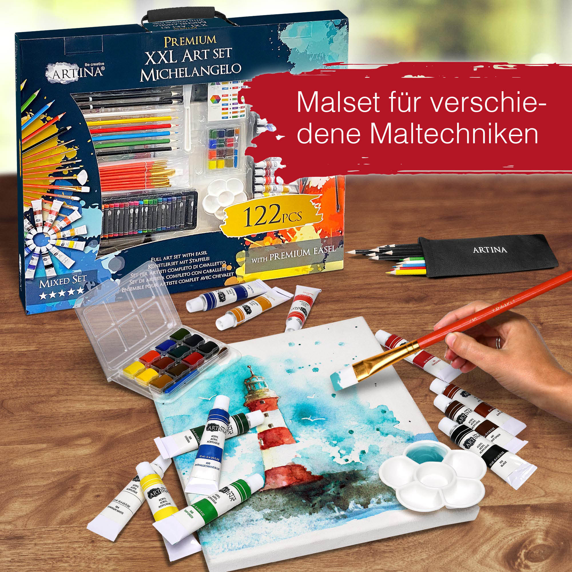 Artina 122tlg Malset Michelangelo mit Staffelei Pinselset Acryl