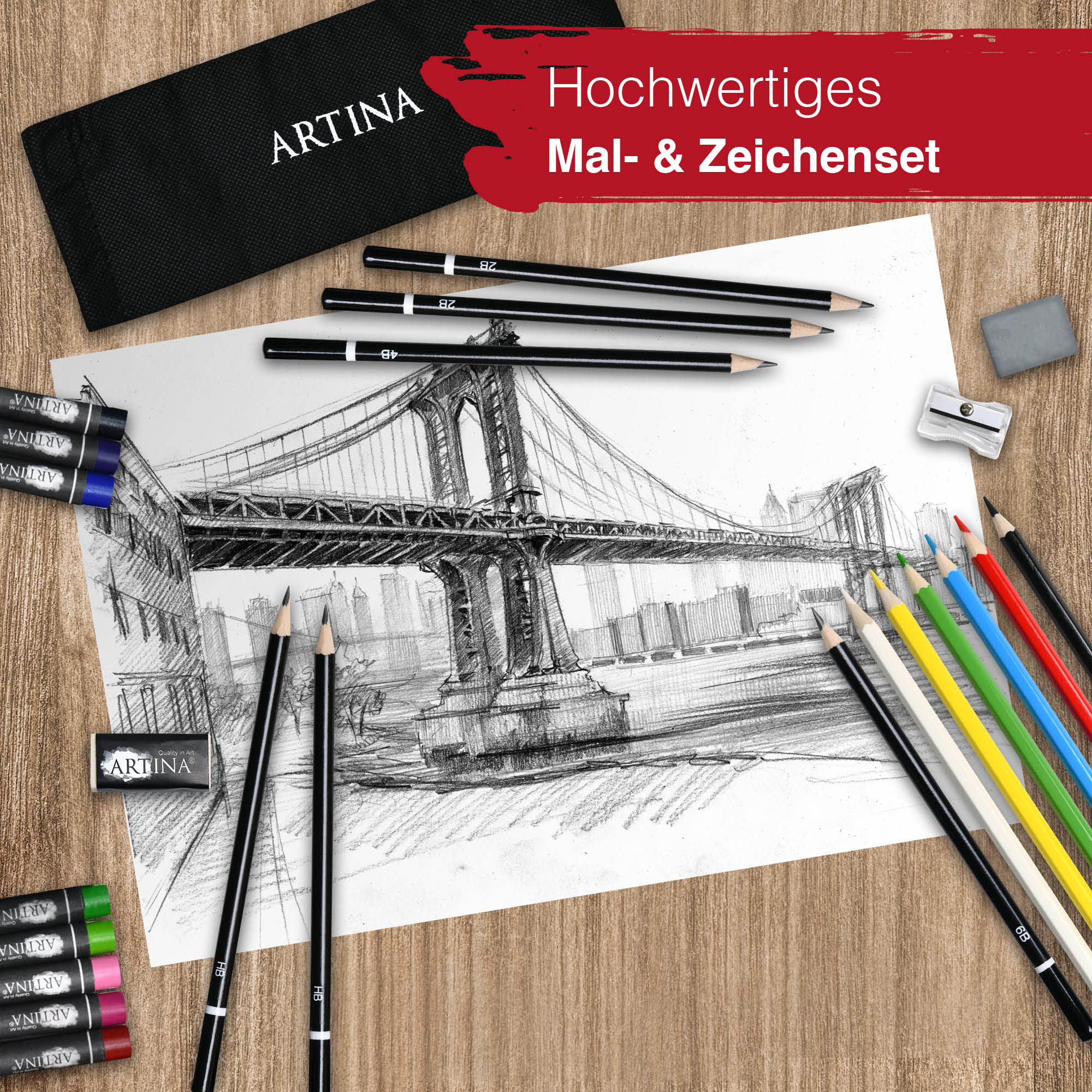 Artina 122tlg Malset Michelangelo mit Staffelei Pinselset Acryl