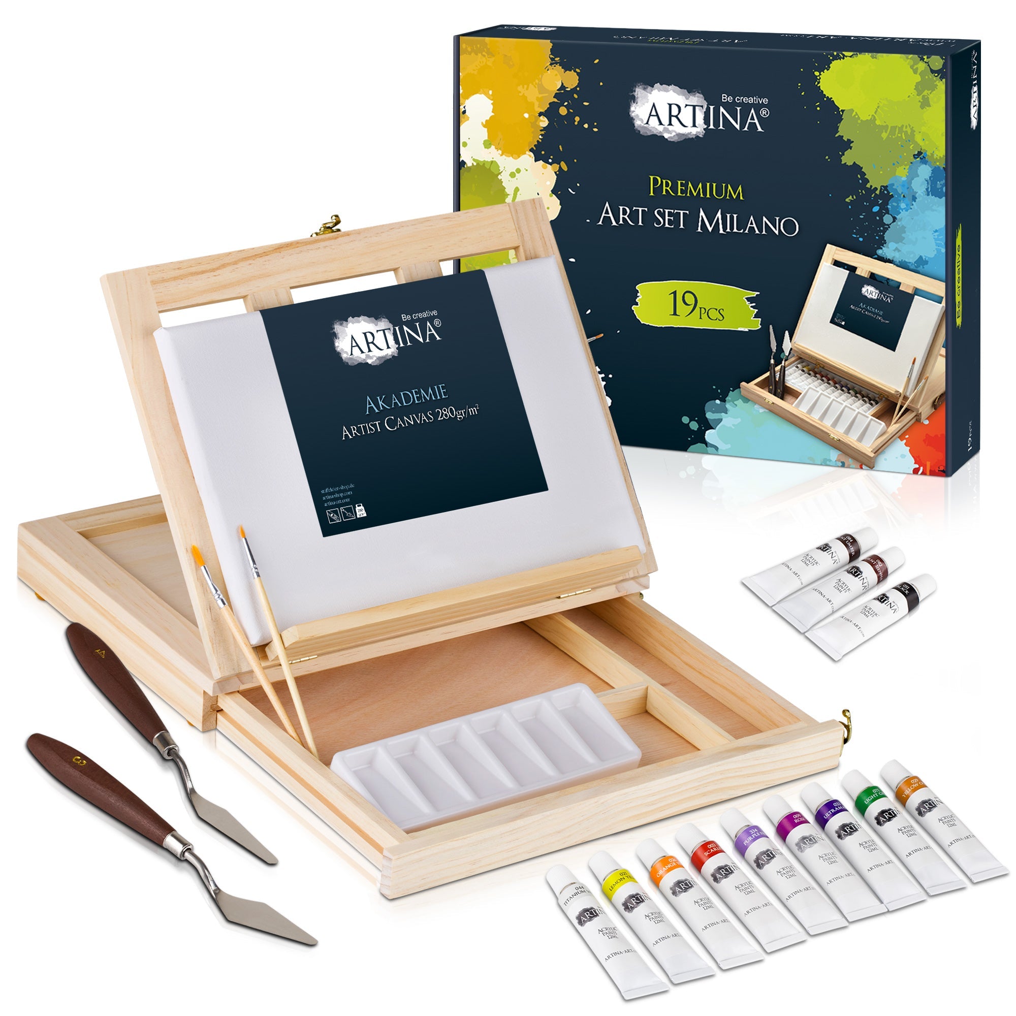 Artina Acryl-Malset Milano 19-teilig mit Koffer-Staffelei, 12 Acrylfarben, Pinsel, Malspachteln und Malpalette