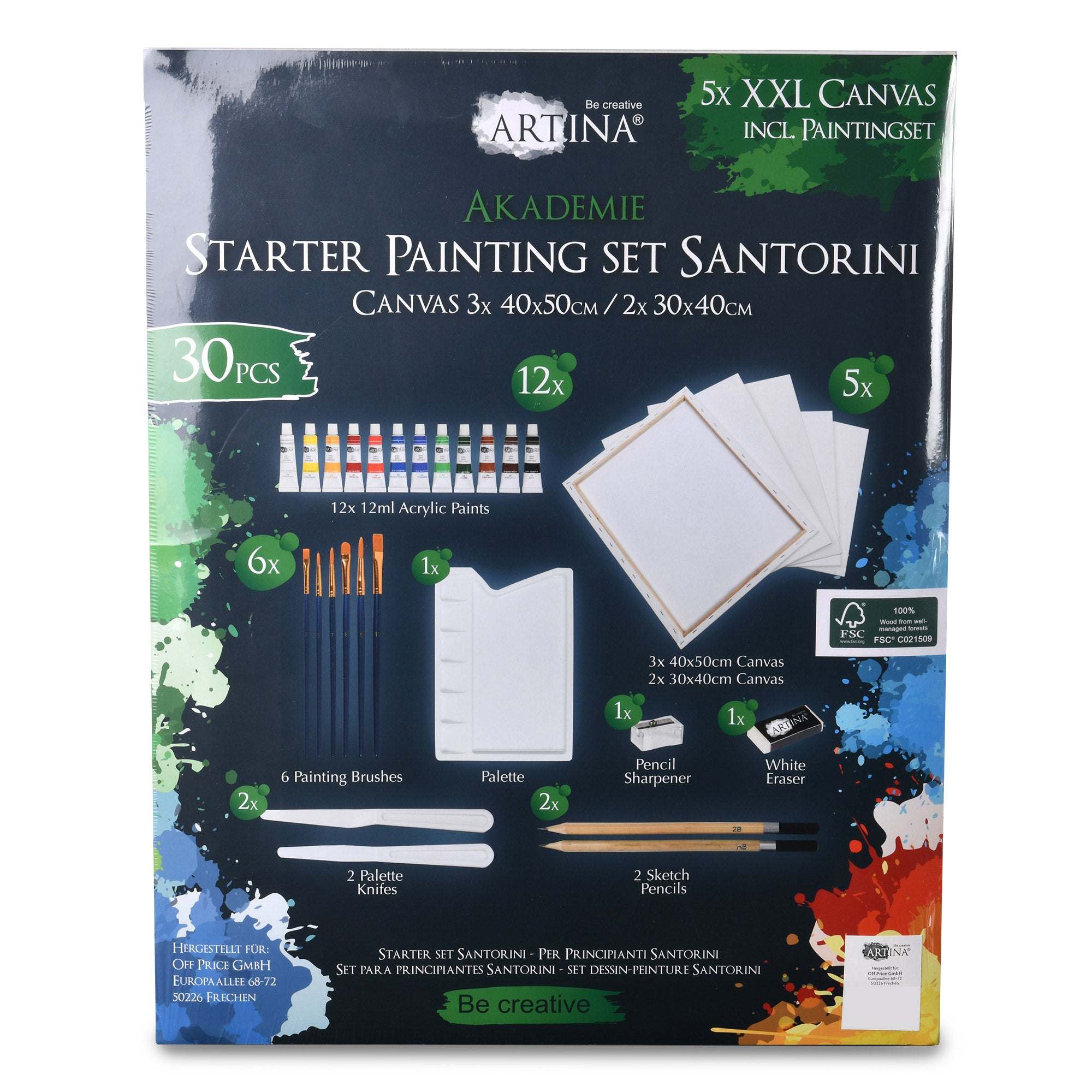 Artina Malset Santorini 30-teilig mit 5 Keilrahmen aus FSC-Kiefernholz, 12 Acrylfarben, 6 Pinseln, Malpalette, Spachteln, Zeichenstiften, Radierer und Spitzer für vielseitige Maltechniken