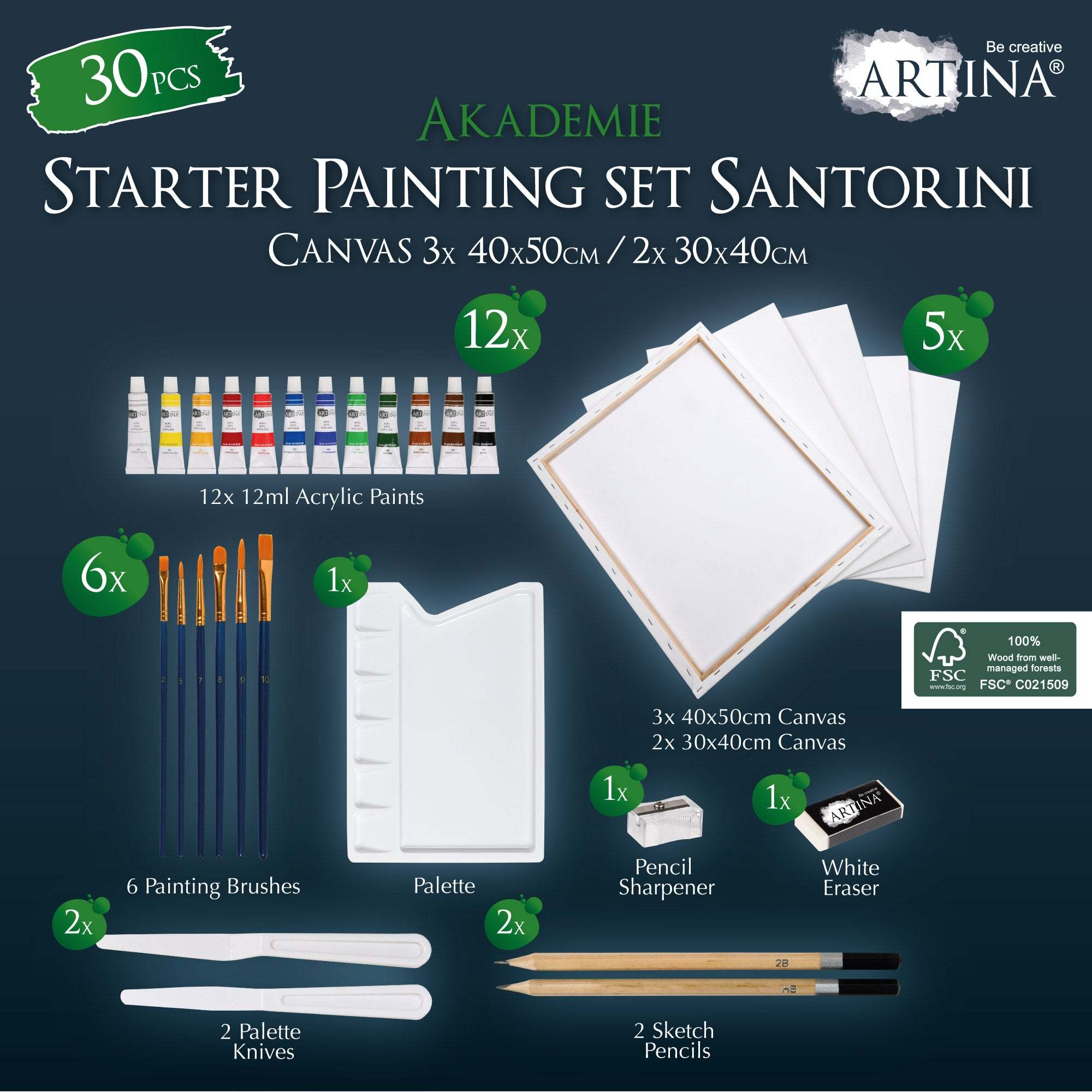 Artina Malset Santorini mit 5 Keilrahmen, 12 Acrylfarben, 6 Pinseln, Palette, Malspachteln, Zeichenstiften, Spitzer und Radierer