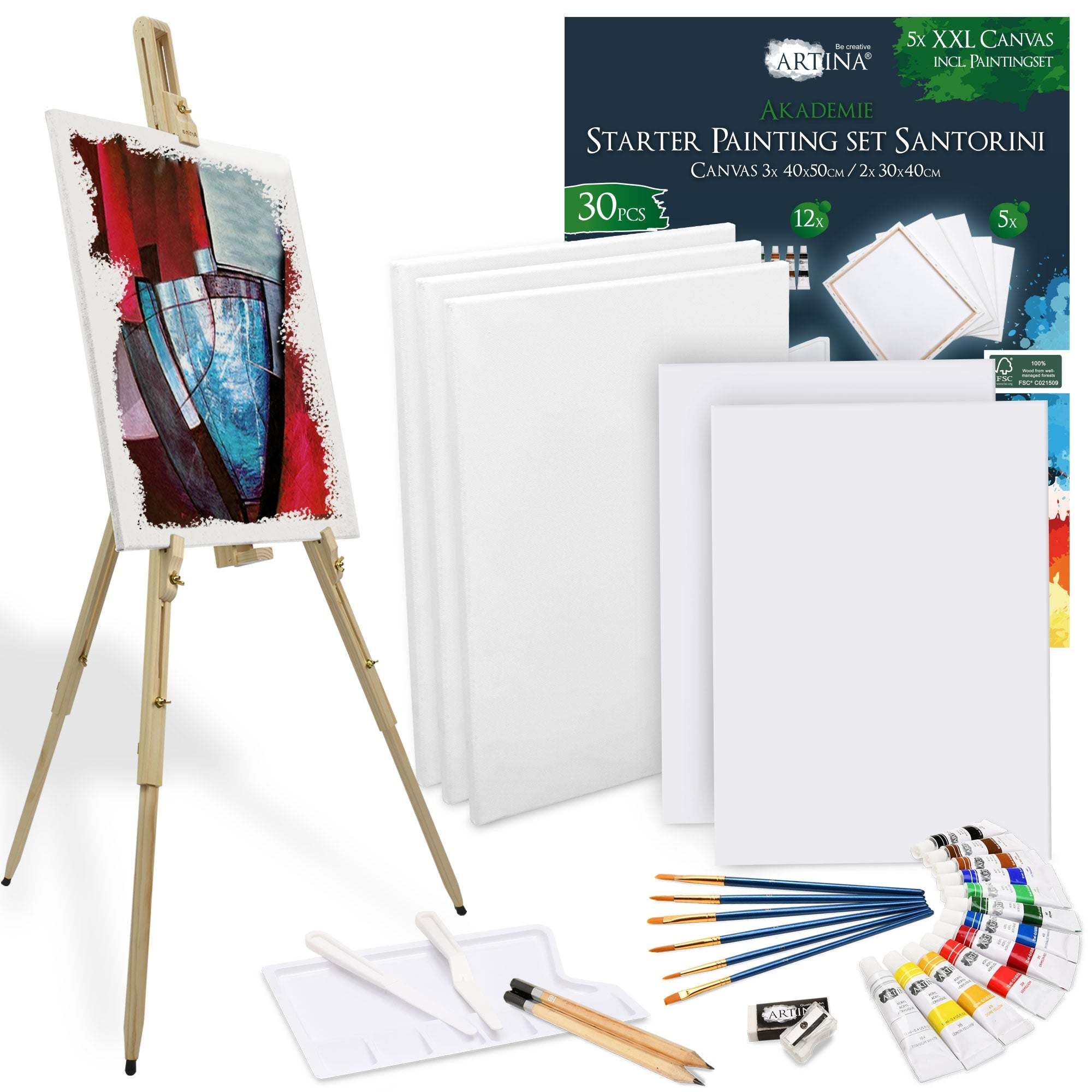 Artina 29-teiliges Acryl-Malset mit verstellbarer Feldstaffelei aus Kiefernholz, 2 Leinwänden, Pinselset, Malspachteln und 18 Acrylfarben für Einsteiger und Künstler