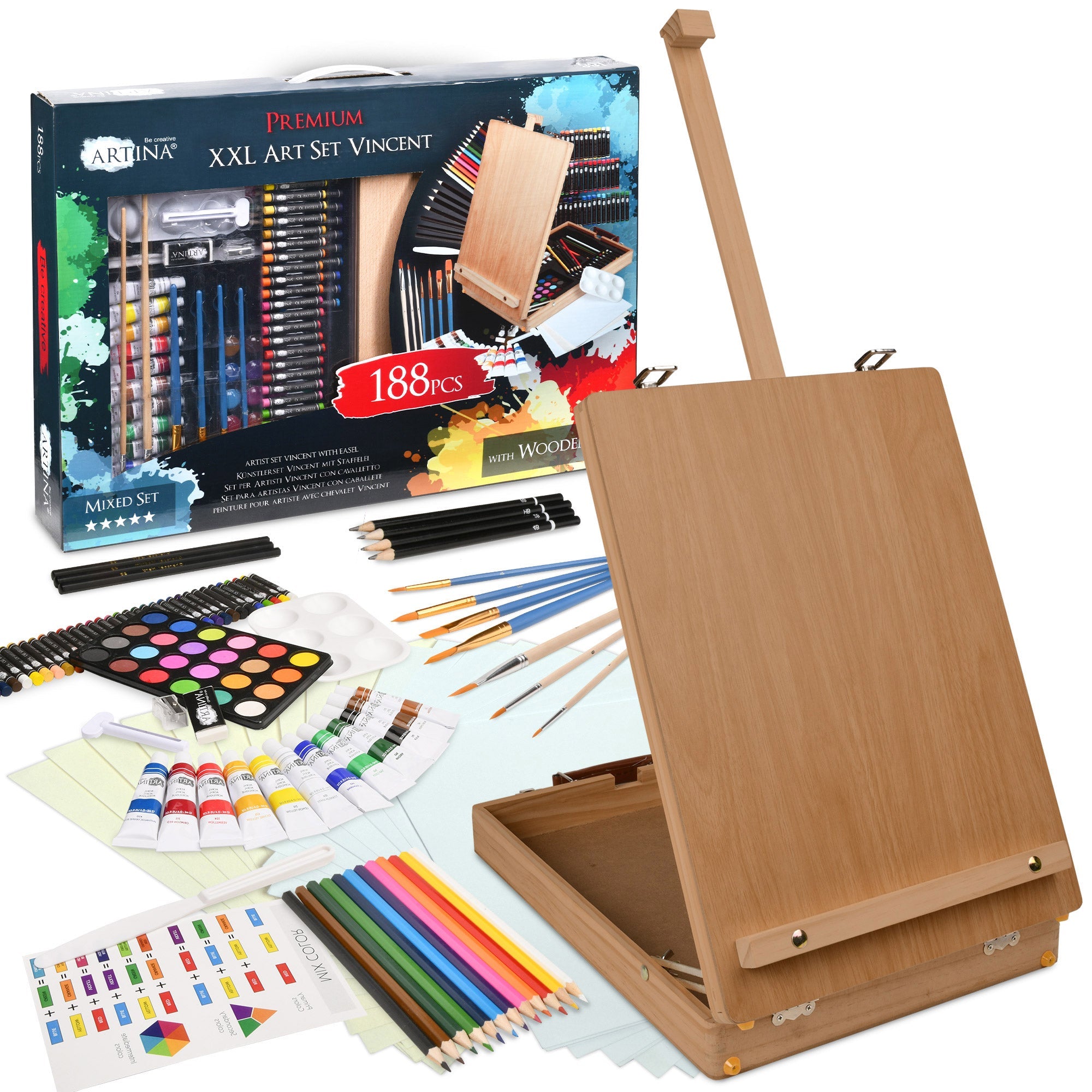 188-piece Artina Malset Vincent art kit with wooden table easel, acrylic paints, brushes, colored pencils, watercolor set, oil pastels, charcoal sticks, and drawing paper