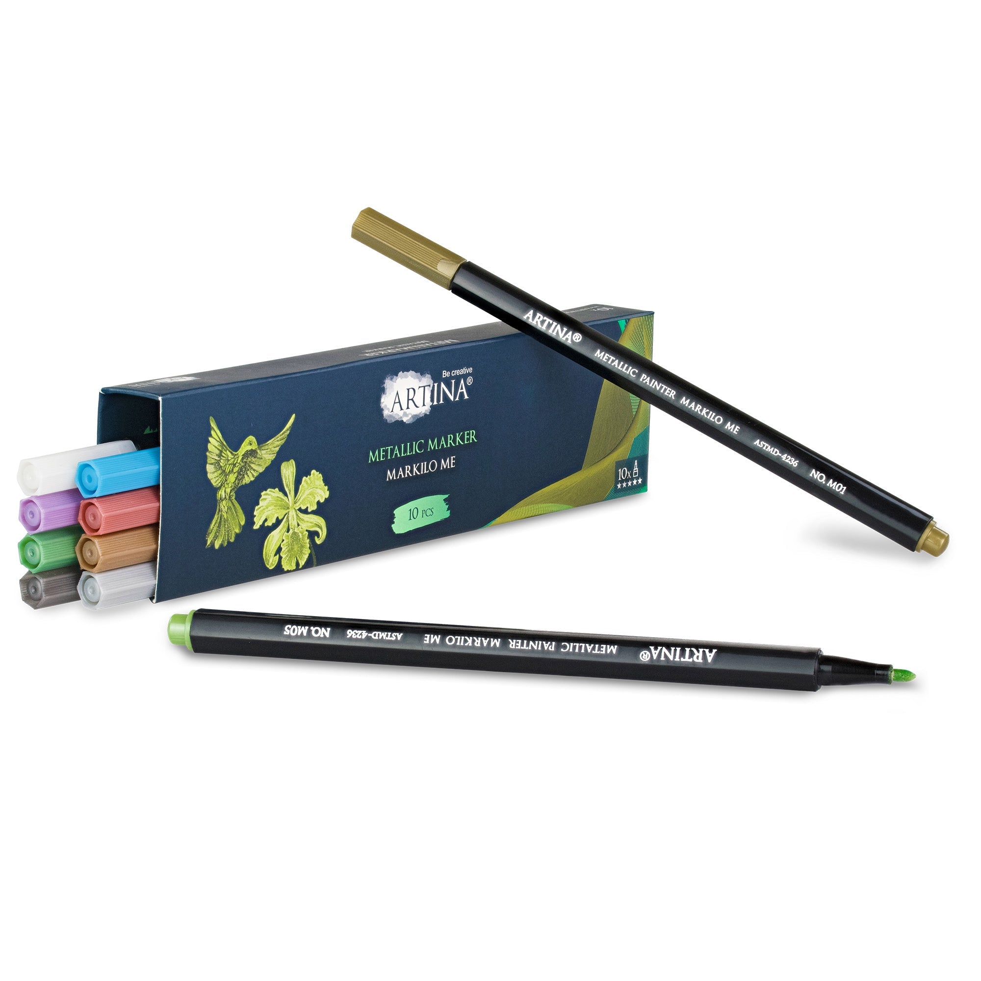 10-piece set of Artina Markilo ME metallic acrylic paint markers with fine tips and vibrant colors in a box
