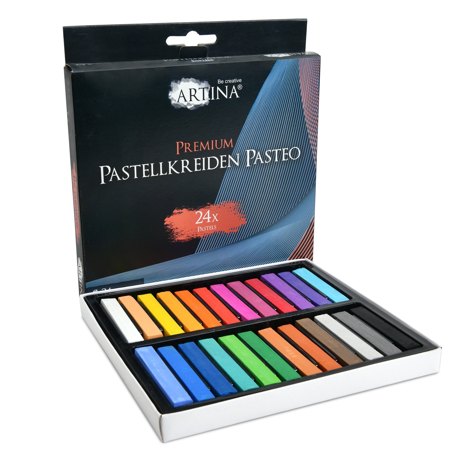 Artina Premium Weichpastellkreide Pasteo 24er Set mit intensiven, leuchtenden Farben in einer offenen Verpackung
