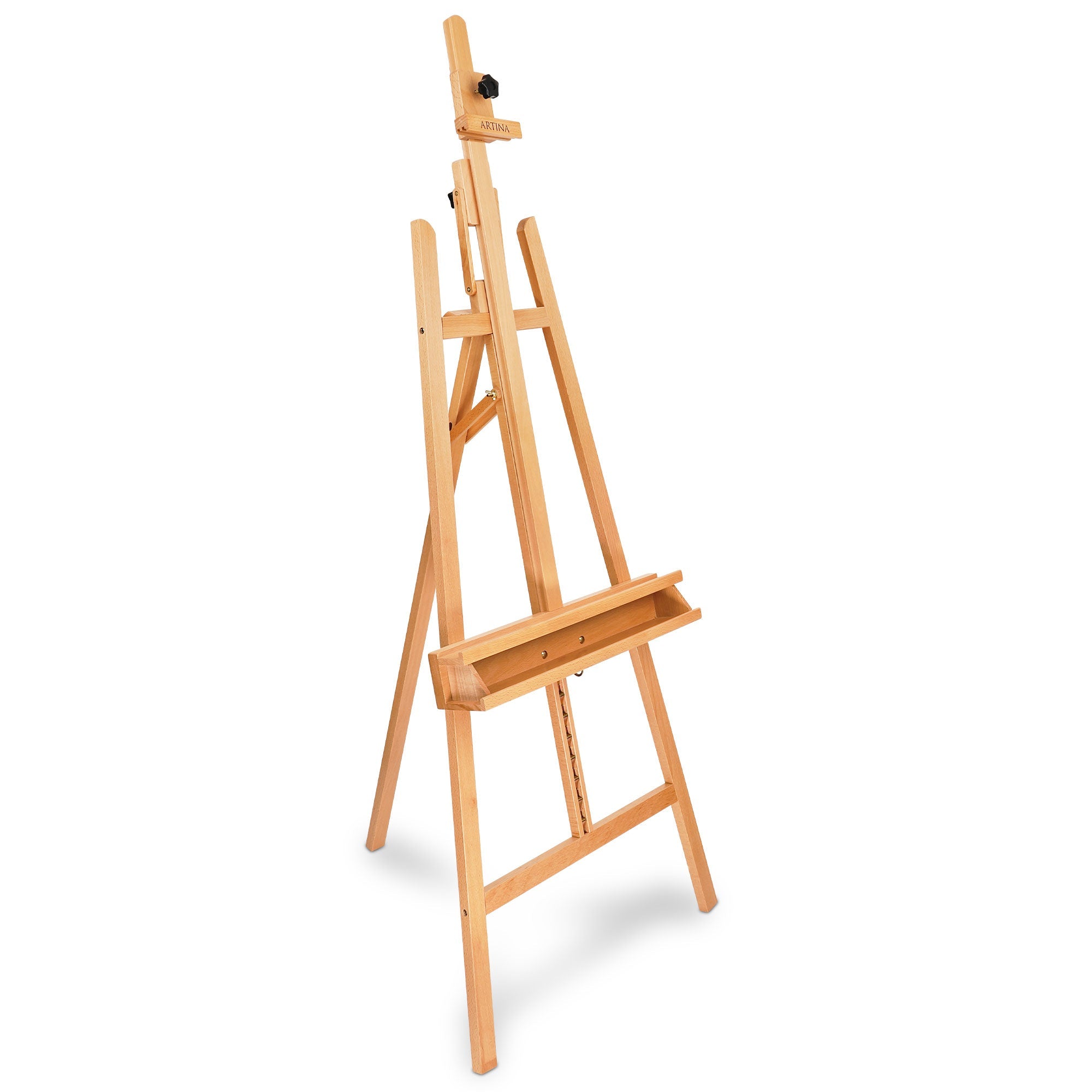 Akademiestaffelei aus massivem geöltem Buchenholz für Leinwände bis 120 cm, höhenverstellbar mit großer Ablage, Dreifuß-Design, Modell Barcelona von Artina