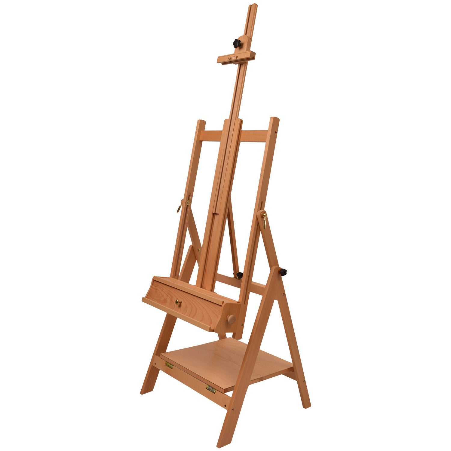 Artina Atelierstaffelei aus massivem Buchenholz, höhenverstellbar, mit Schubladen und Ablage, für Leinwände bis 150 cm, Profi-Staffelei Napoli